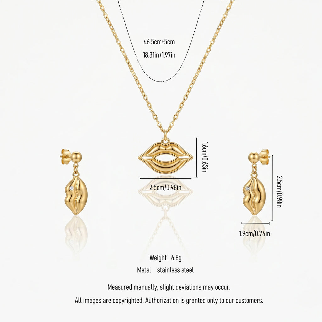 QIAOREN 11895 18K Gold Plated Stainless Steel Lips Jewelry Set Inlaid Tiny Zircon Pout Lips Necklace Dangle Earrings