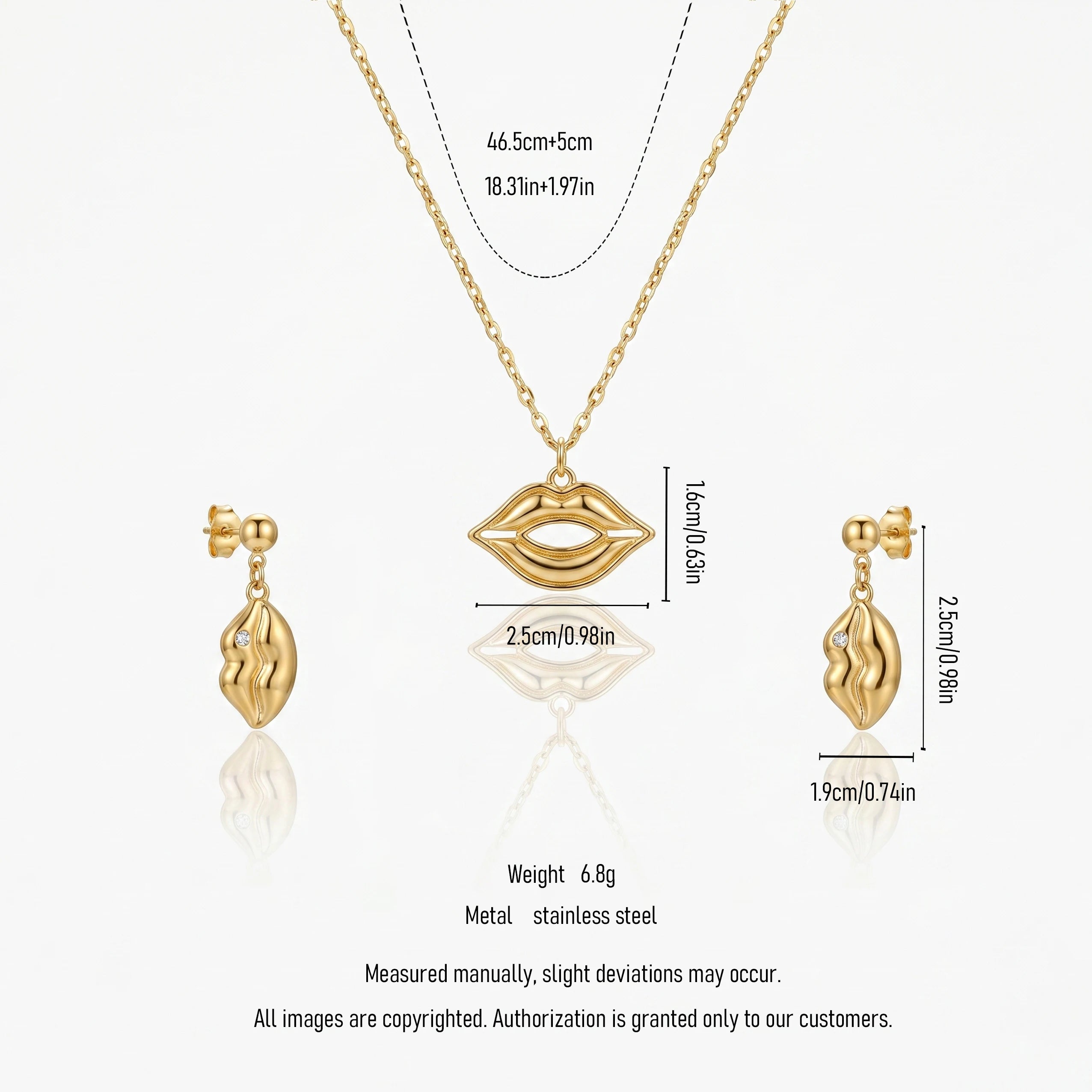 QIAOREN 11895 18K Gold Plated Stainless Steel Lips Jewelry Set Inlaid Tiny Zircon Pout Lips Necklace Dangle Earrings
