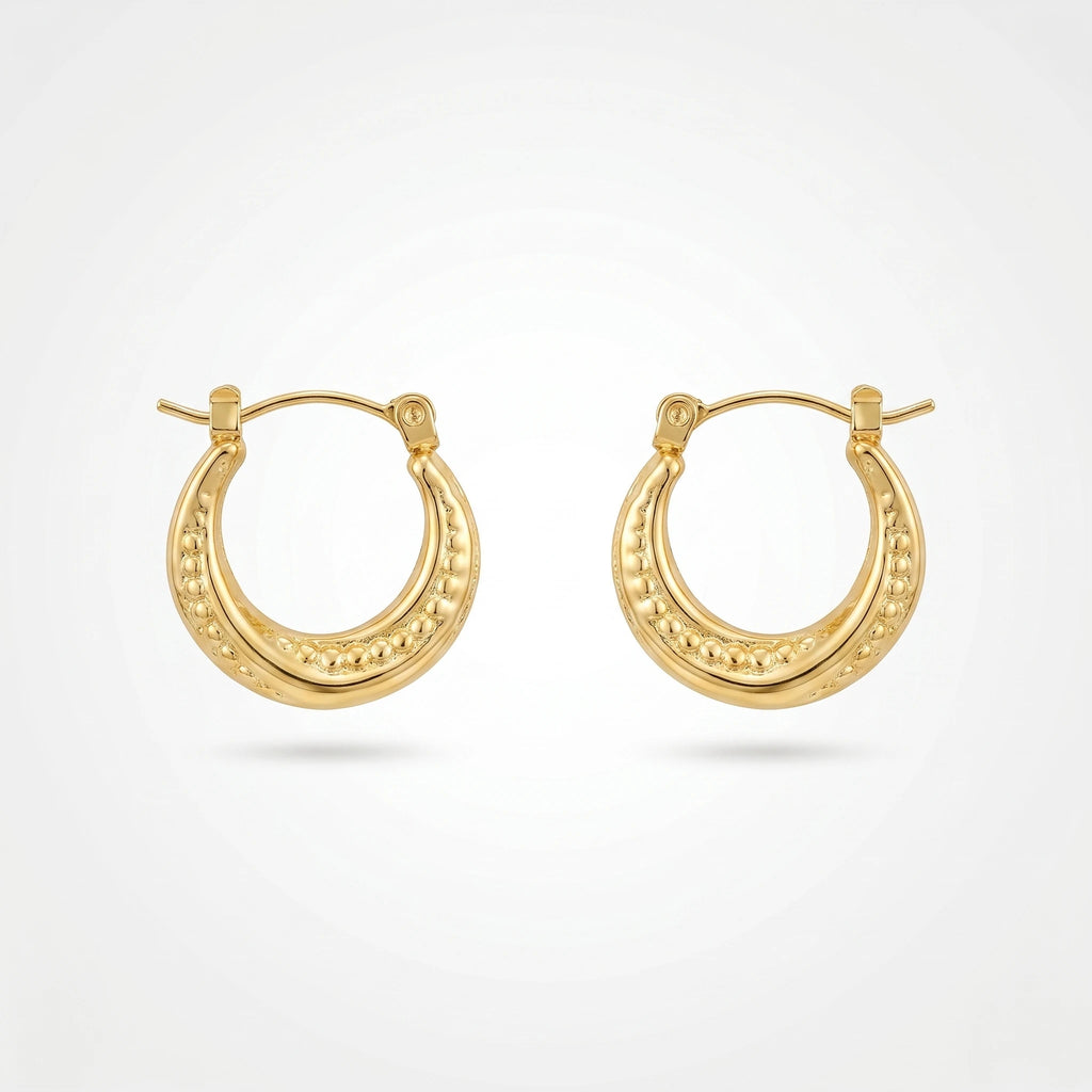 QIAOREN 12534 Waterproof 18K Gold Beaded Hoops Stainless Steel Tarnish Free Bold Dot Grain Puffy Huggie Earrings US EU