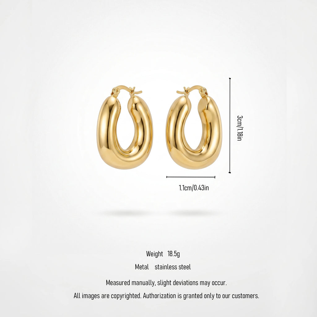 QIAOREN12453Glossy Solid Gold Oval Chunky Hoop Earrings Waterproof Stainless Steel Hoops Hypoallergenic Minimalist Daily Jewelry