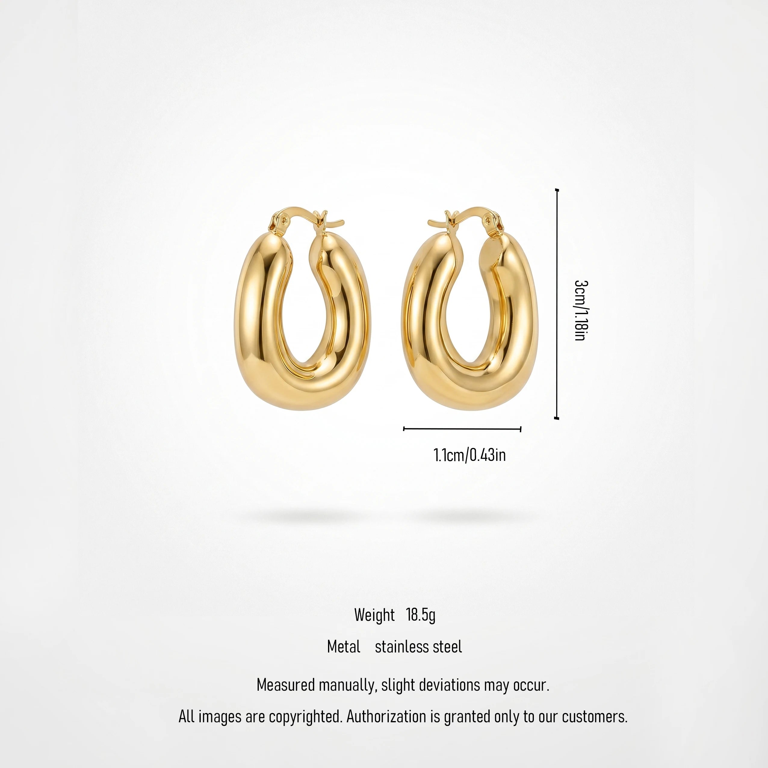 QIAOREN12453Glossy Solid Gold Oval Chunky Hoop Earrings Waterproof Stainless Steel Hoops Hypoallergenic Minimalist Daily Jewelry