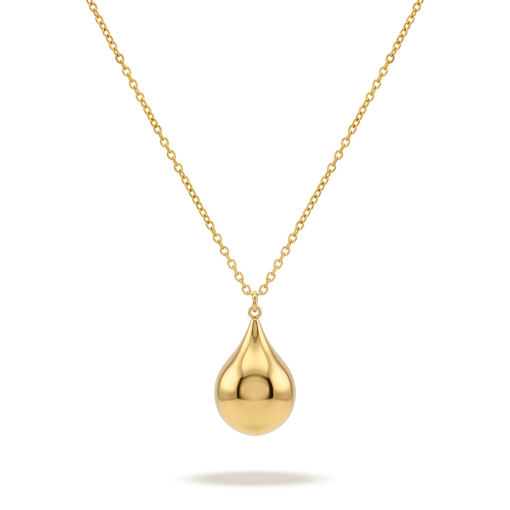 QIAOREN 11751 Polished Teardrop Pendant Necklace 18K Gold Stainless Steel Smooth Shiny Statement Piece
