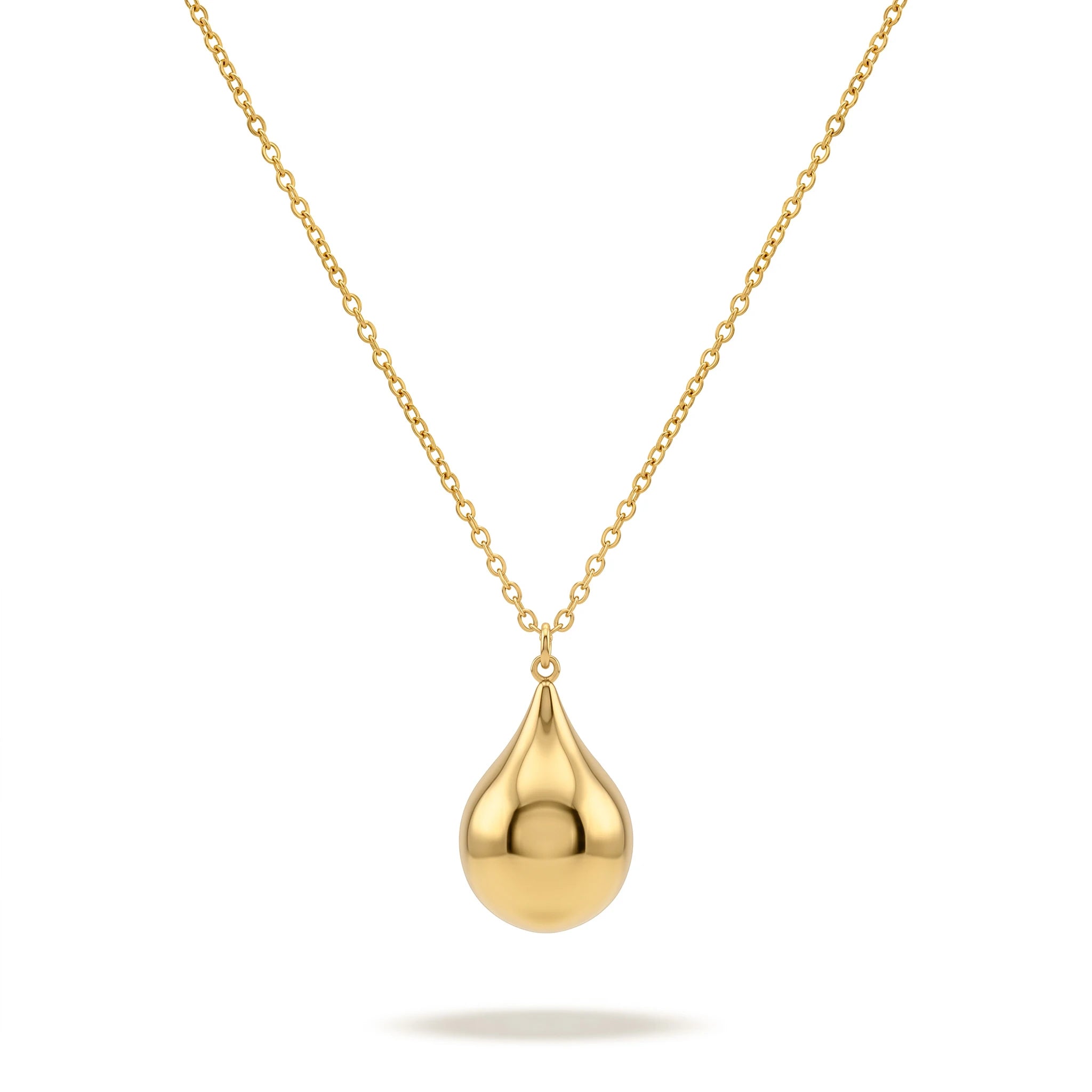 QIAOREN 11751 Polished Teardrop Pendant Necklace 18K Gold Stainless Steel Smooth Shiny Statement Piece