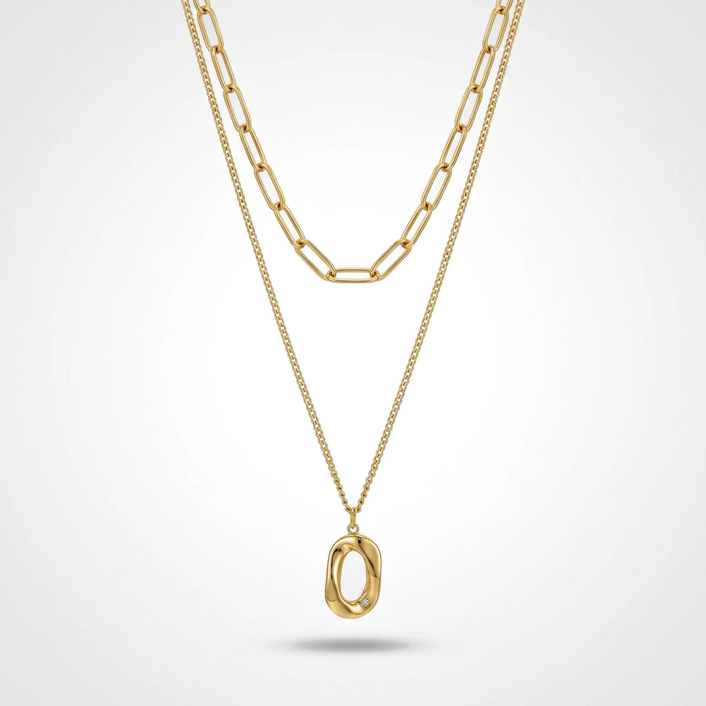 QIAOREN 13988 Double Layer Stacked Necklace with Paperclip Top Chain & Irregular Hollow Oval Pendant Inlaid Tiny CZ