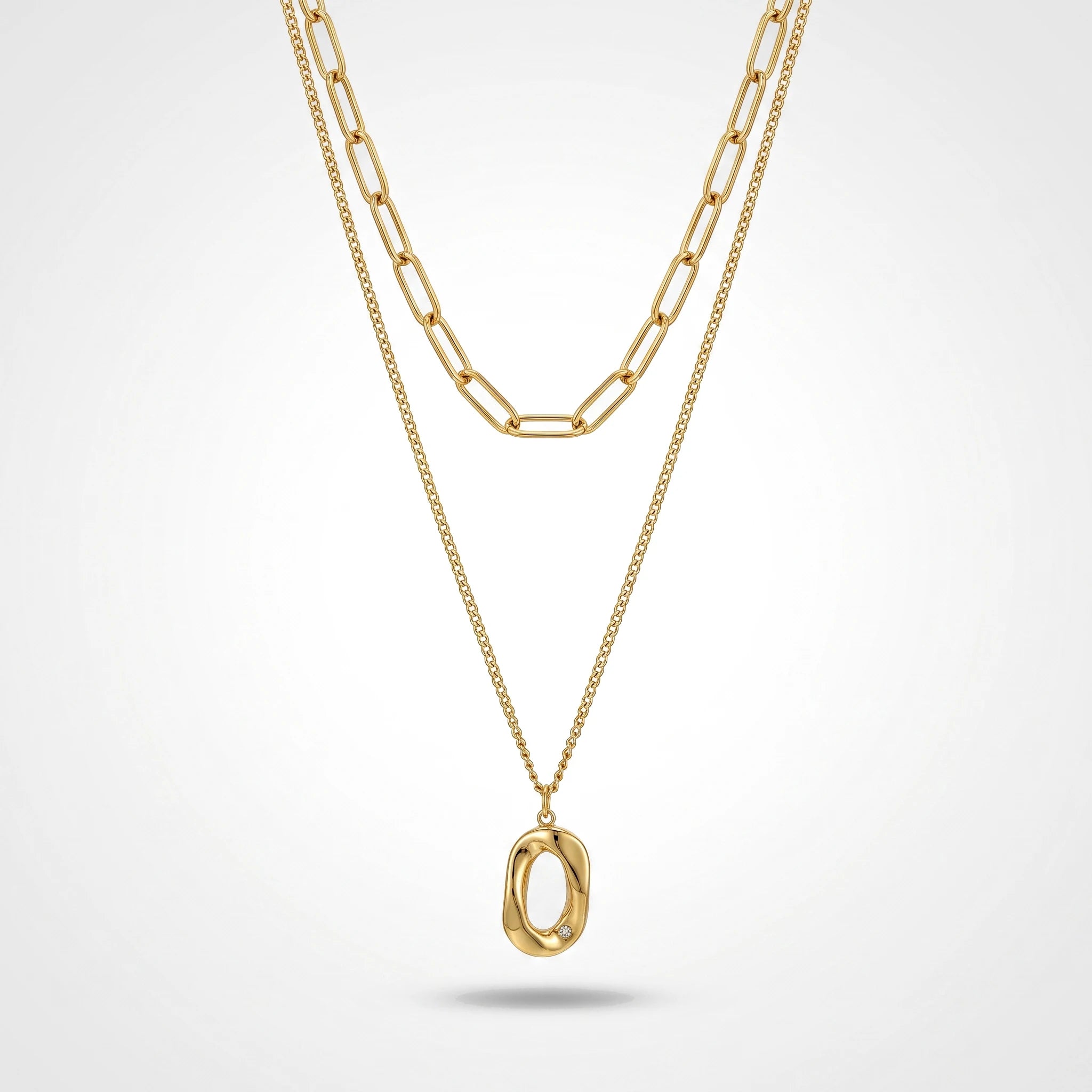 QIAOREN 13988 Double Layer Stacked Necklace with Paperclip Top Chain & Irregular Hollow Oval Pendant Inlaid Tiny CZ