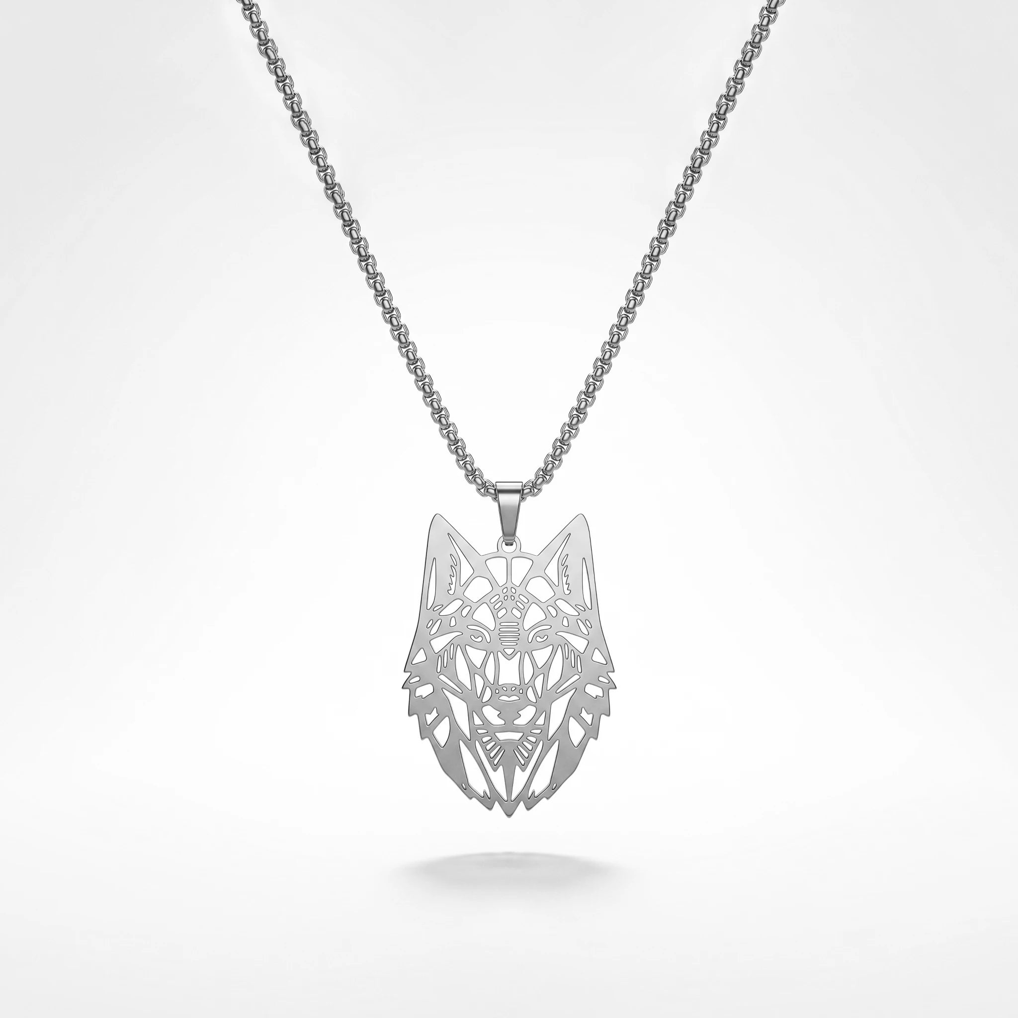 QIAOREN 12045 Gold Plated Stainless Steel Wolf Head Pendant Necklace Cutout Animal Charm Box Chain Punk Jewelry for Men Women