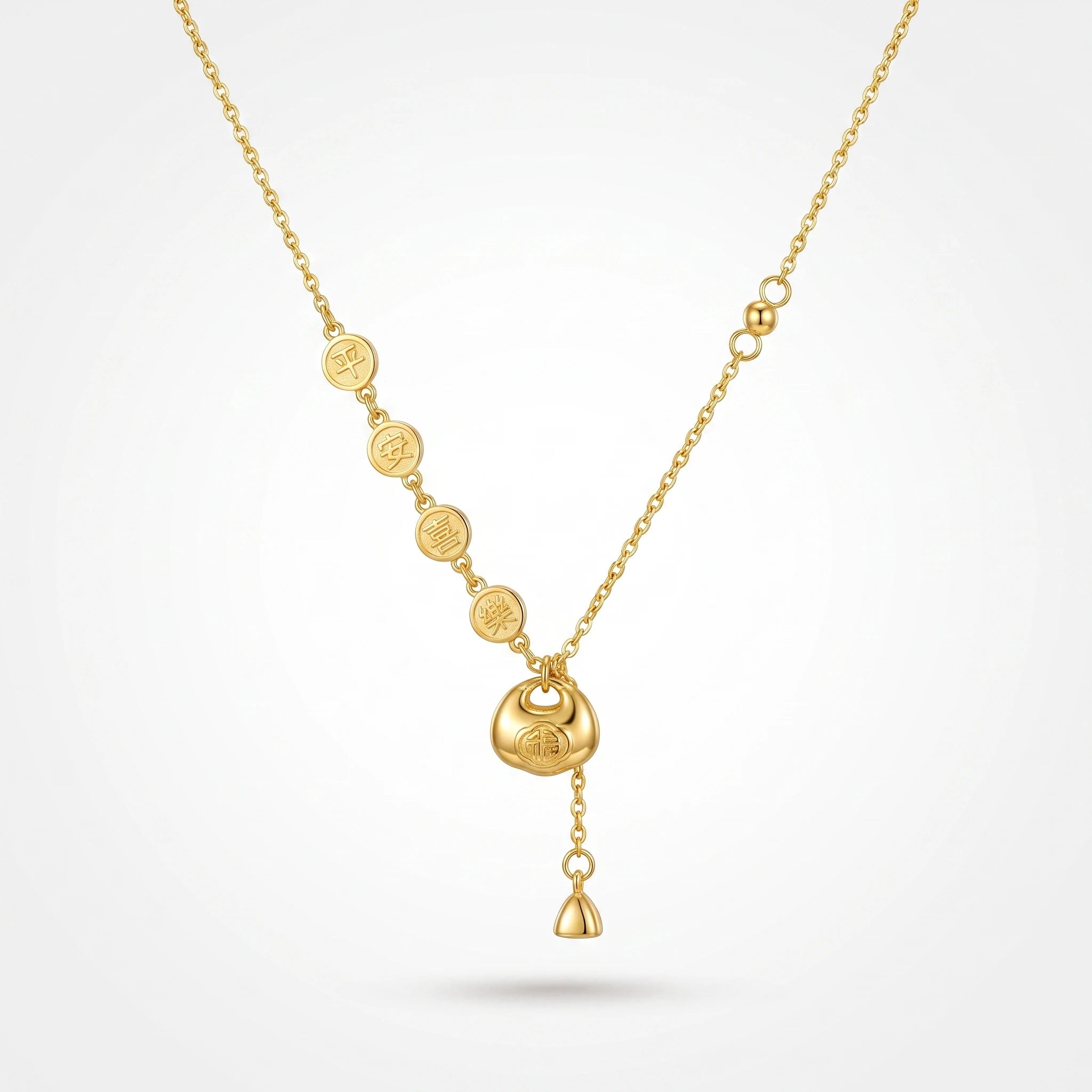 QIAOREN 13503 Chinese Blessing Ping an Le Fu Pouch Y Drop Necklace, Lucky Coin & Beaded Thin Chain Gold Necklace