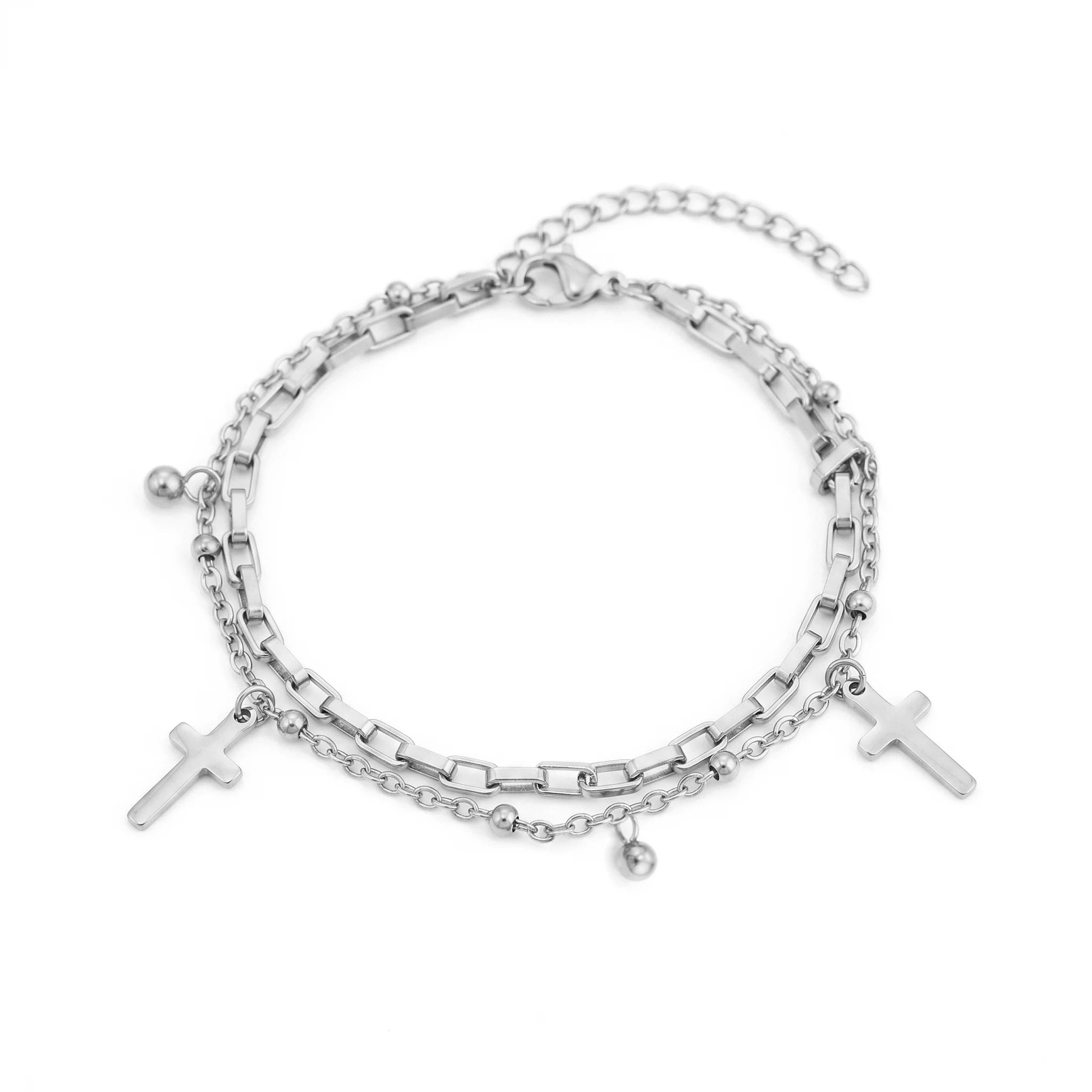 QIAOREN 11410 18K Gold Plated 2 Layered Cross & Ball Charm Bracelet Stainless Steel Tarnish Free Waterproof