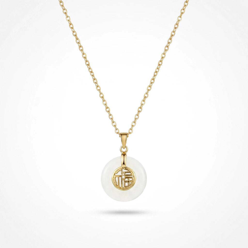 QIAOREN 13758-59  Thin Oval Link Chain Pendant Necklace with Green Jade Peace Donut Charm Inlaid Hollow Chinese Fu