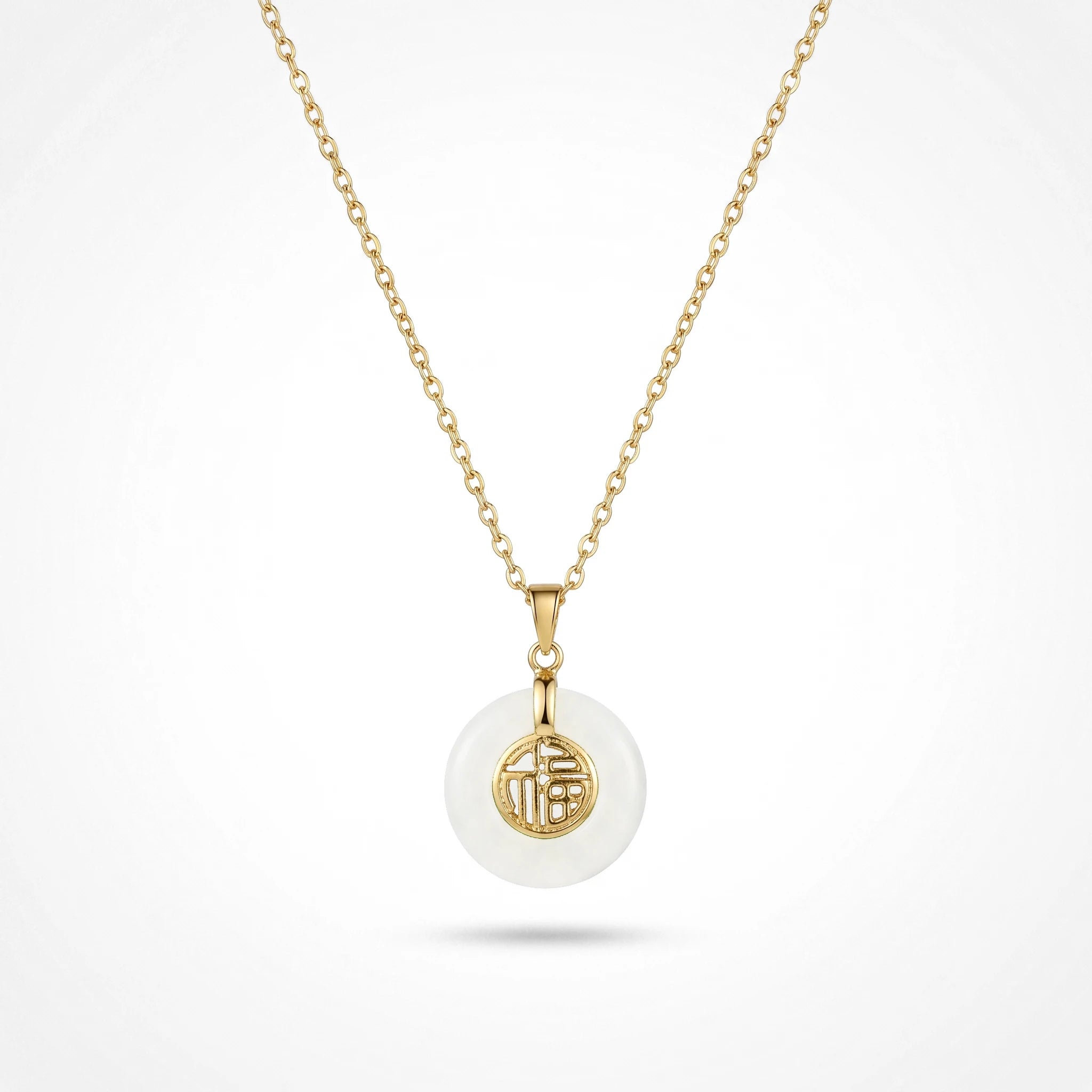 QIAOREN 13758-59  Thin Oval Link Chain Pendant Necklace with Green Jade Peace Donut Charm Inlaid Hollow Chinese Fu