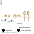 QIAOREN 14449 3 Pair Camellia & CZ Cross Stainless Steel Earring Set Gift for Daily Fashion Outfits