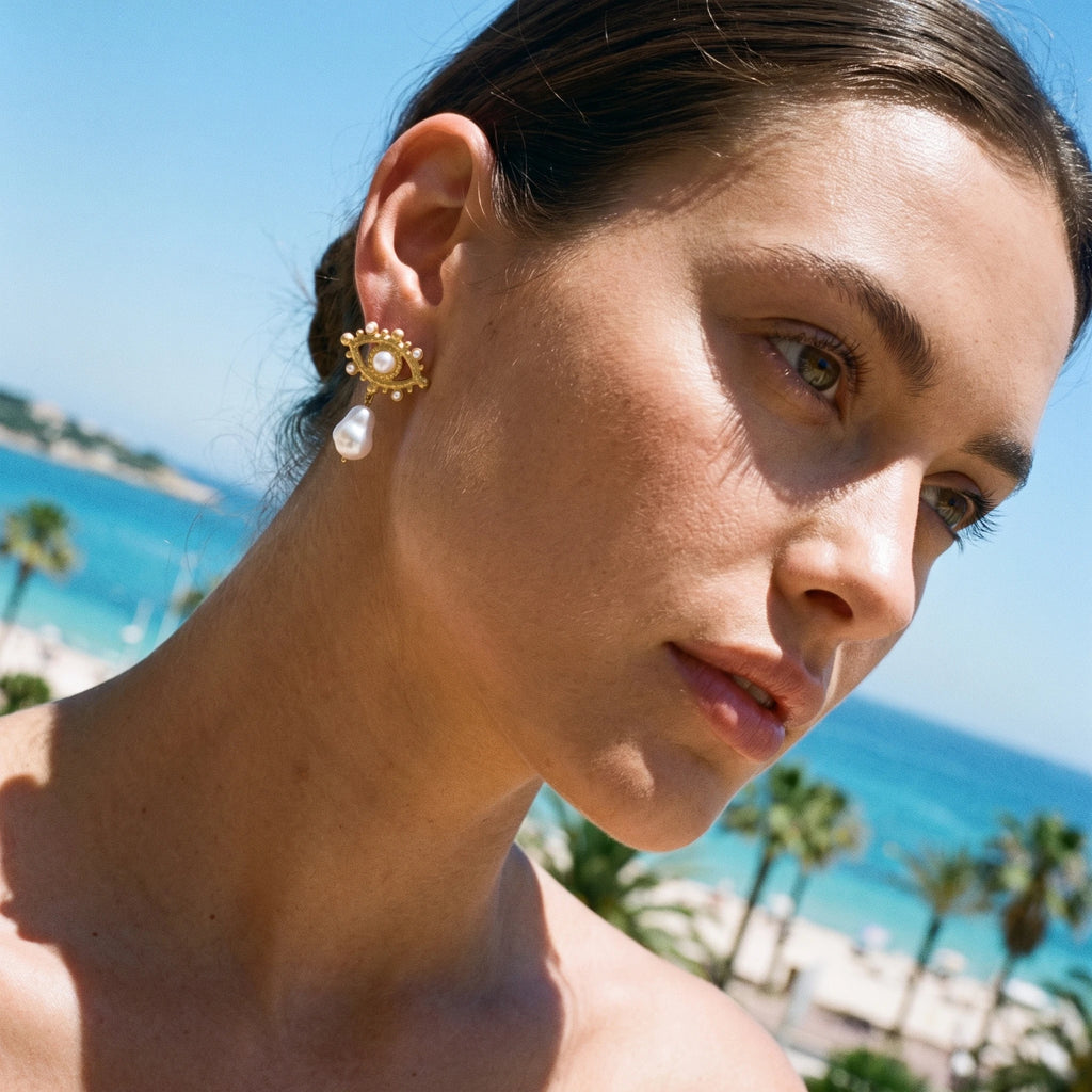 QIAOREN 13439 Textured Matte Stud Earrings With Tiny Round Pearl Inlay, Irregular Freshwater Pearl Dangle Ear Jewelry