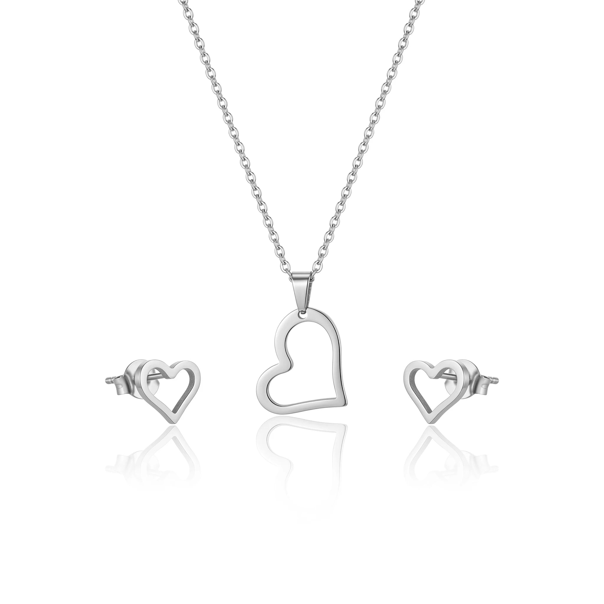 QIAOREN 11741 Waterproof 18K Gold Open Heart Jewelry Set Stainless Steel Beach-Ready Necklace & Earrings