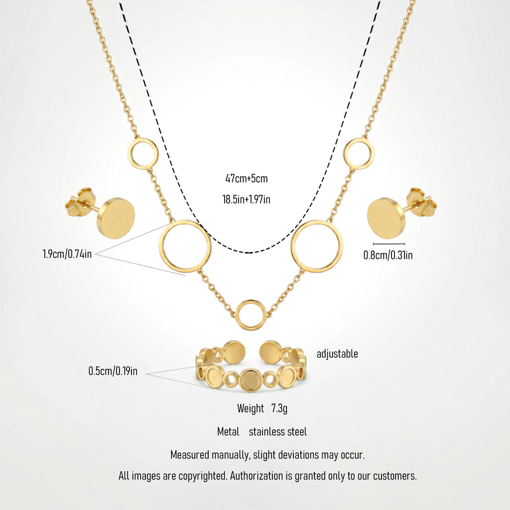 QIAOREN 11649 Versatile Gold Circle Jewelry Set 18K Stainless Steel Necklace Earrings Ring for Office Daily Wear