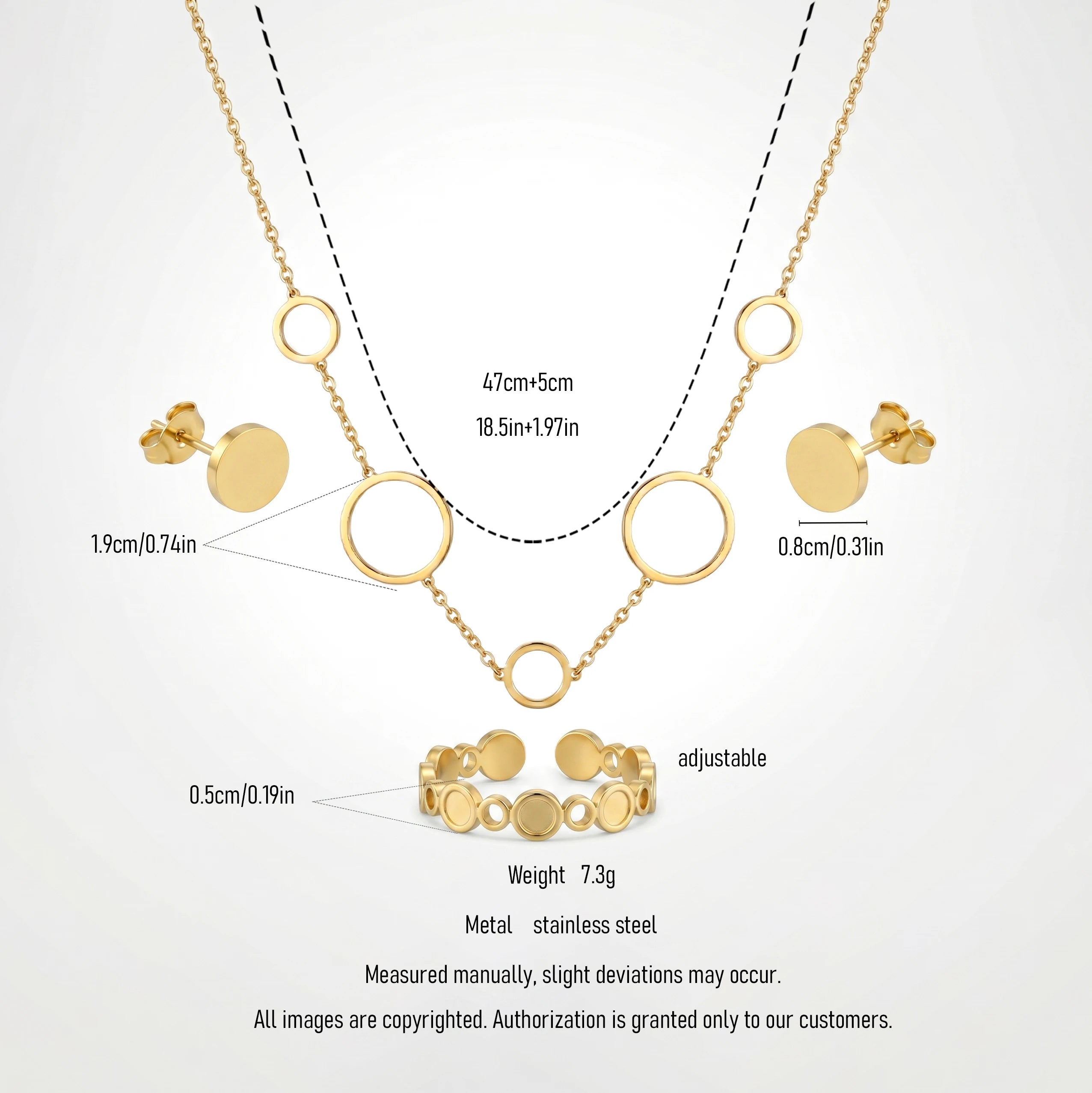 QIAOREN 11649 Versatile Gold Circle Jewelry Set 18K Stainless Steel Necklace Earrings Ring for Office Daily Wear