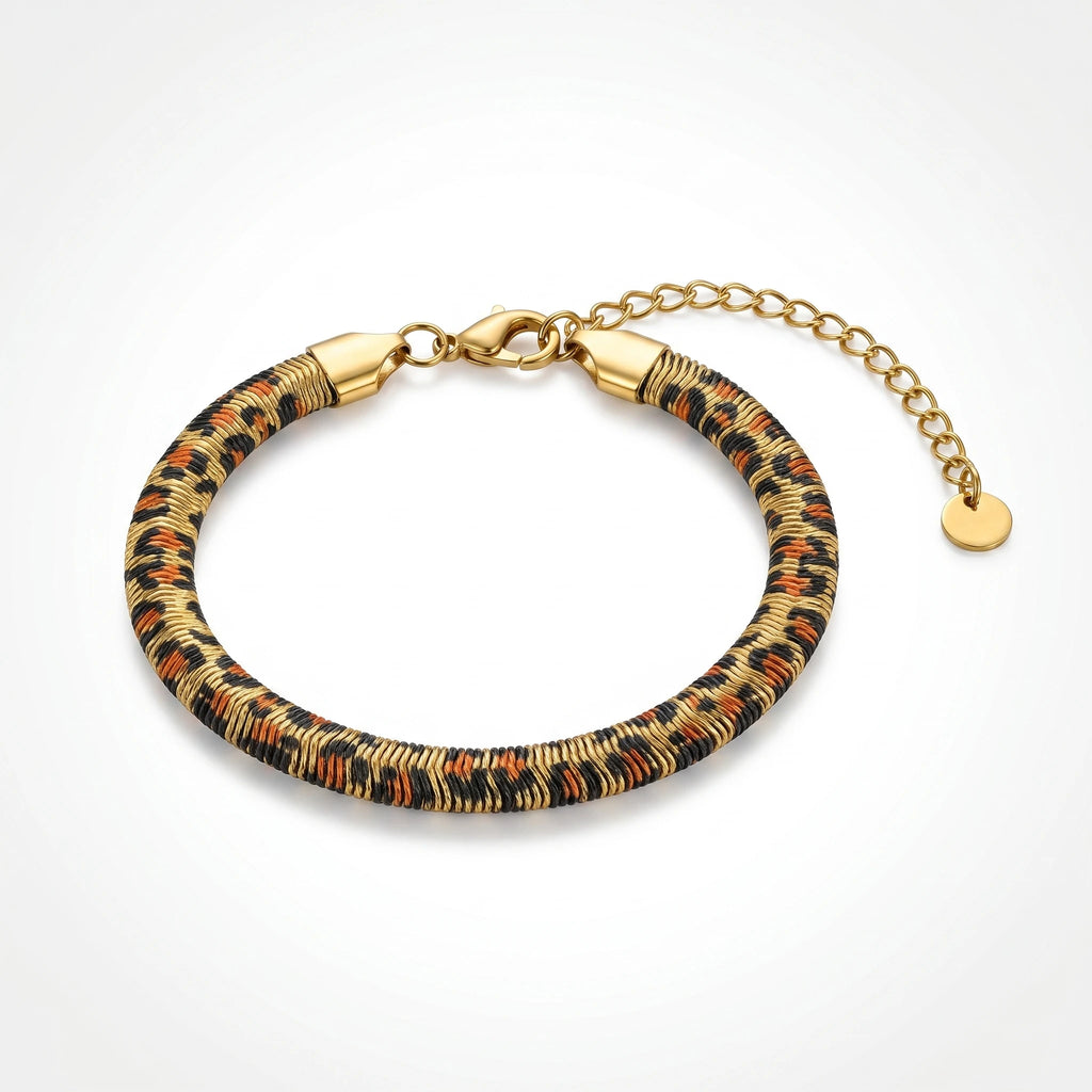 QIAOREN 10642 Trendy Leopard Print Stainless Steel Bracelet Gold Tone Snake Chain Waterproof Fashion Jewelry for Women