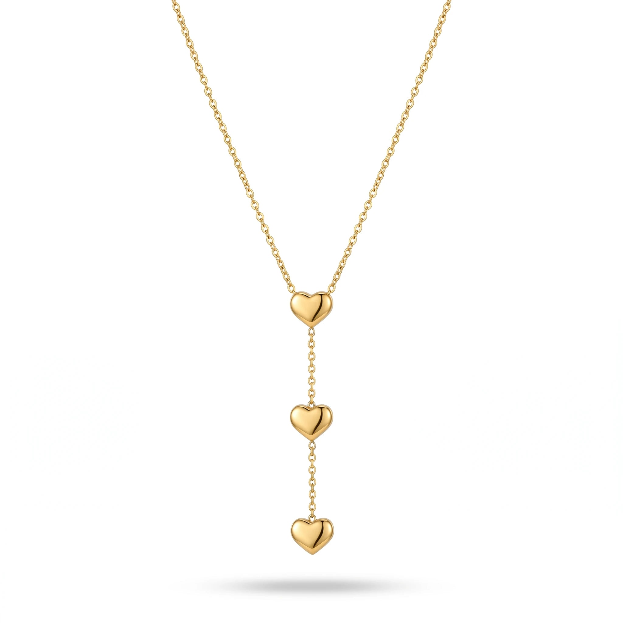 QIAOREN 10808 Trendy Gold Plated Tarnish Resistant Stainless Steel Tiered Heart Drop Necklace Minimalist Y-Shaped Jewelry
