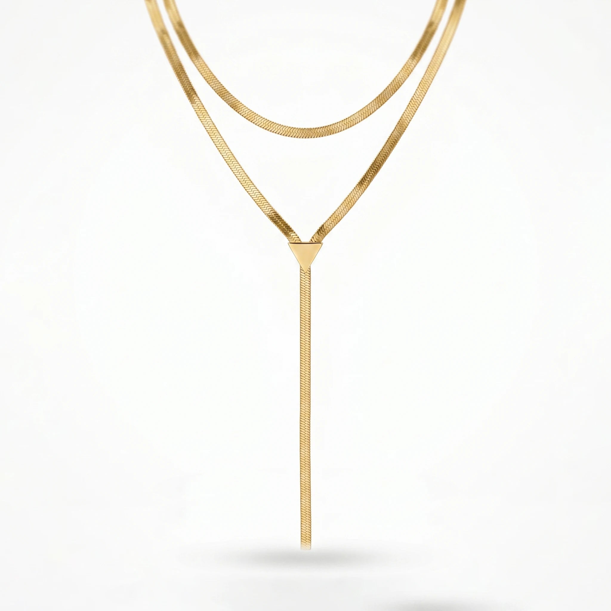 QIAOREN 12872 18K Gold Plated Layered Herringbone Y Necklace, Waterproof Tarnish Free Stainless Steel Snake Chain Lariat Jewelry