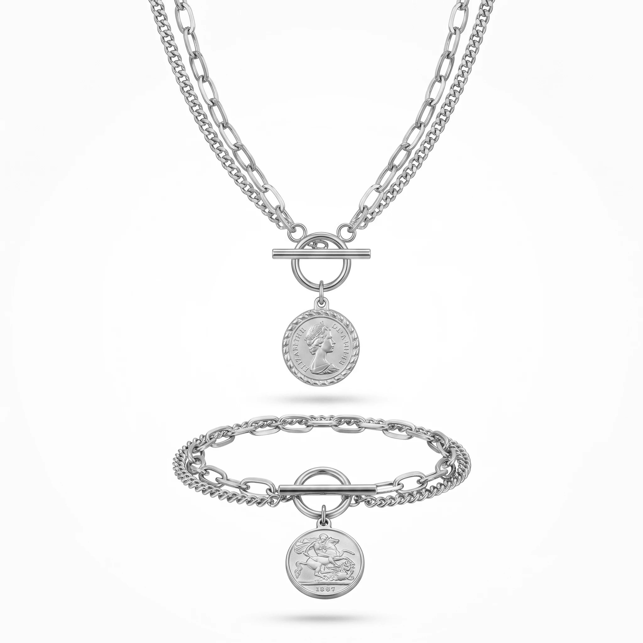 QIAOREN 10814 18K Gold Plated Stainless Steel Bezel Setting Vintage Coin Pendant Necklace Bracelet Set Dainty Toggle Jewelry