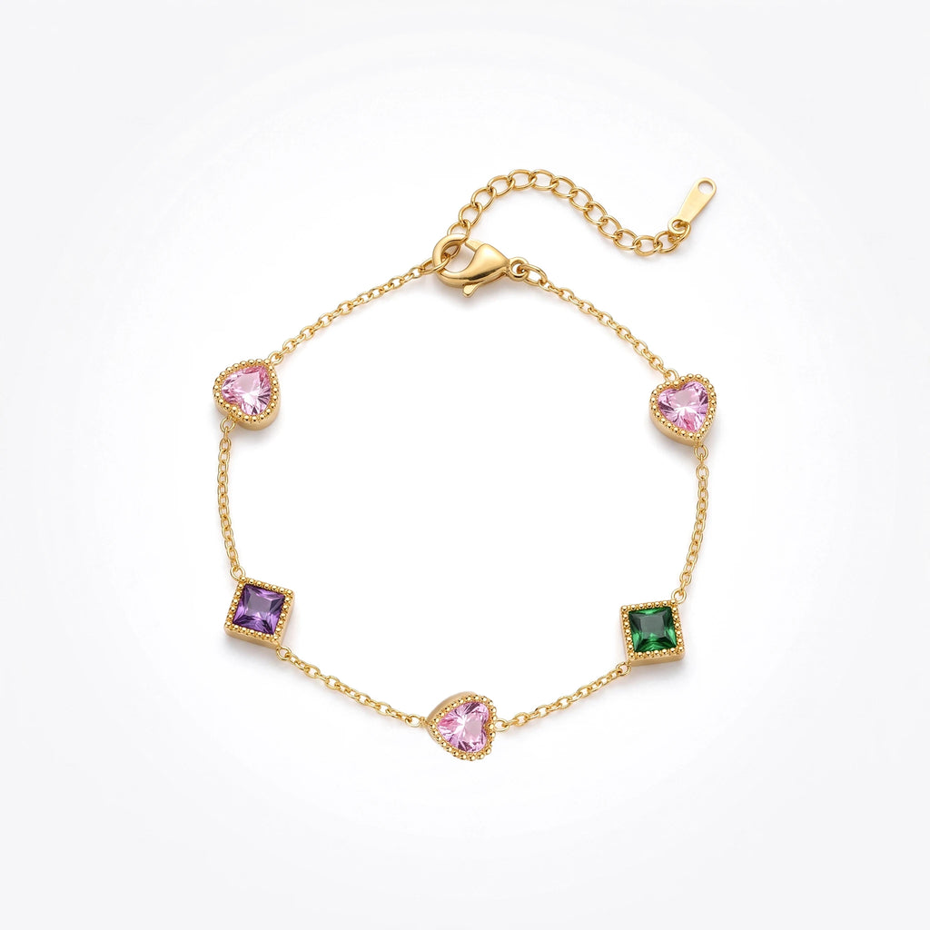 QIAOREN 13415 Stainless Steel CZ Crystal Bracelet Colorful Gemstone Charm Jewelry Dainty Chain Bracelet for Women