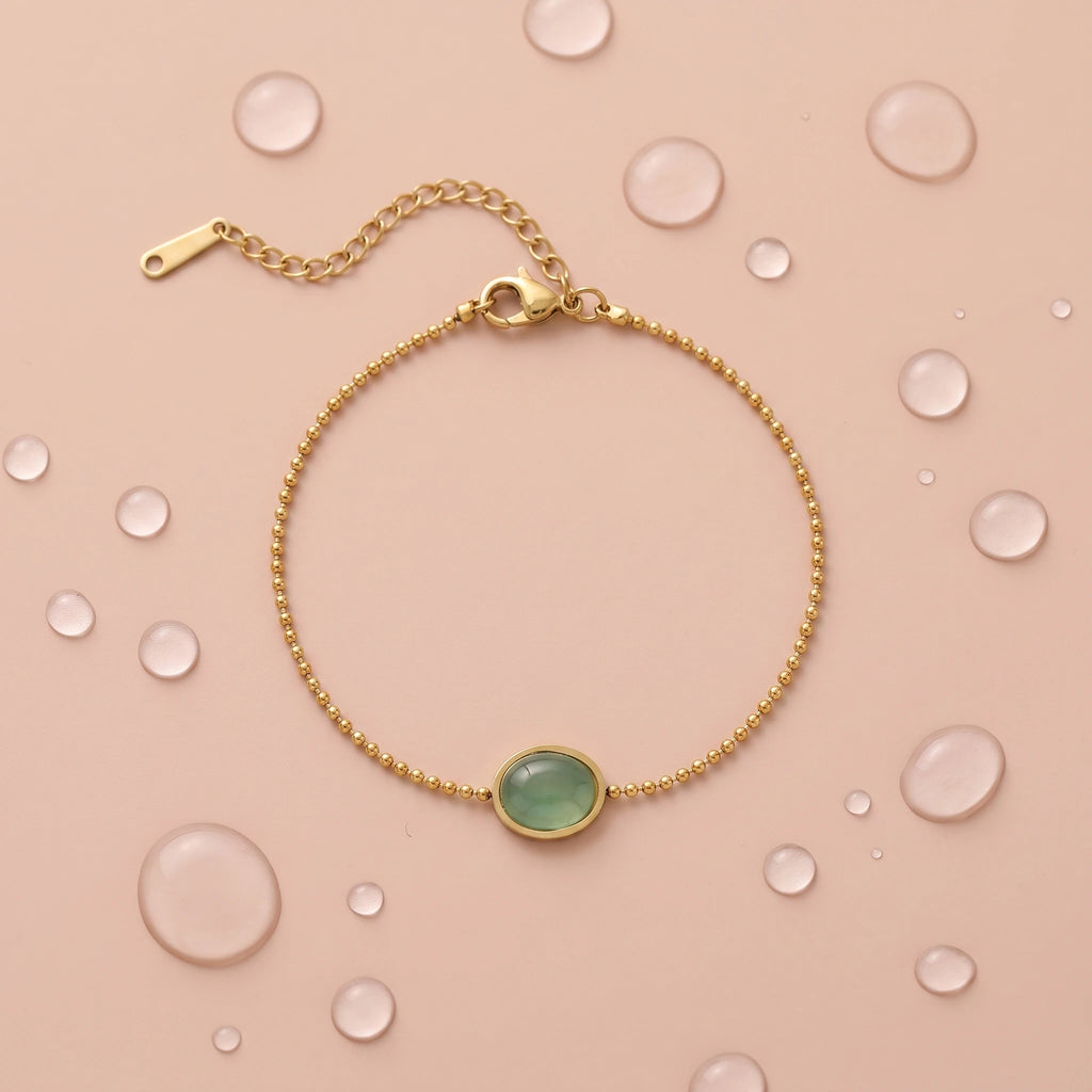 QIAOREN 13303 Dainty Ball Chain Bracelet Gold Stainless Steel Oval Natural Green Jade Stone Lobster Clasp Extender Waterproof