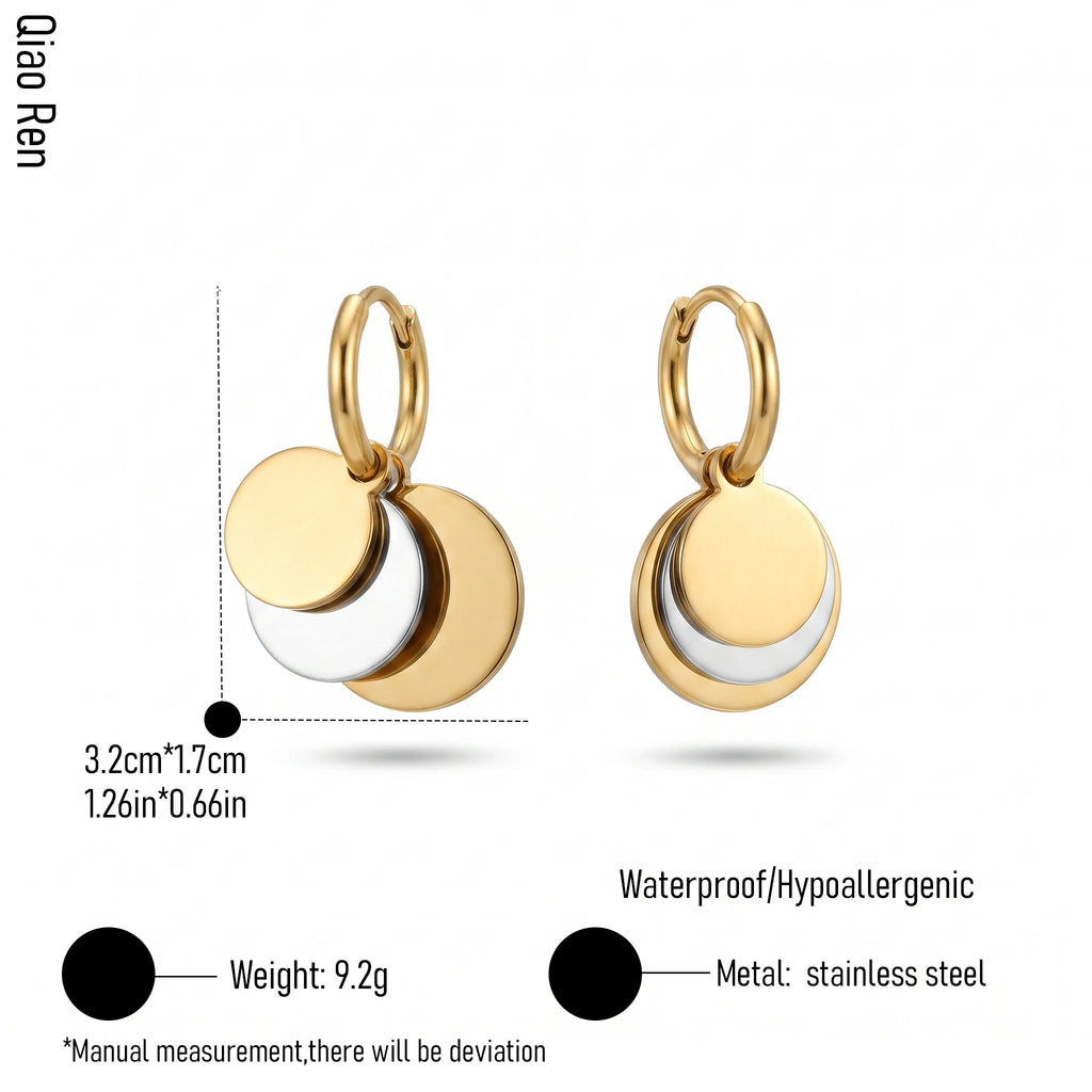 QIAOREN 14423 Two Tone Multi Disc Charm Huggie Hoop Earrings, Stainless Steel Small Hoop Earrings Jewelry Gift for Daily Outfits
