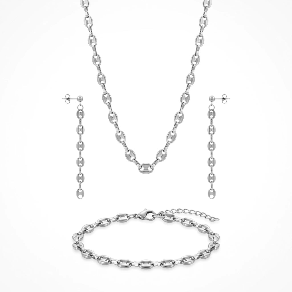 QIAOREN 11523 Retro Mariner Link Jewelry Set 18K Gold Plated Stainless Steel Necklace Earrings Bracelet for Women