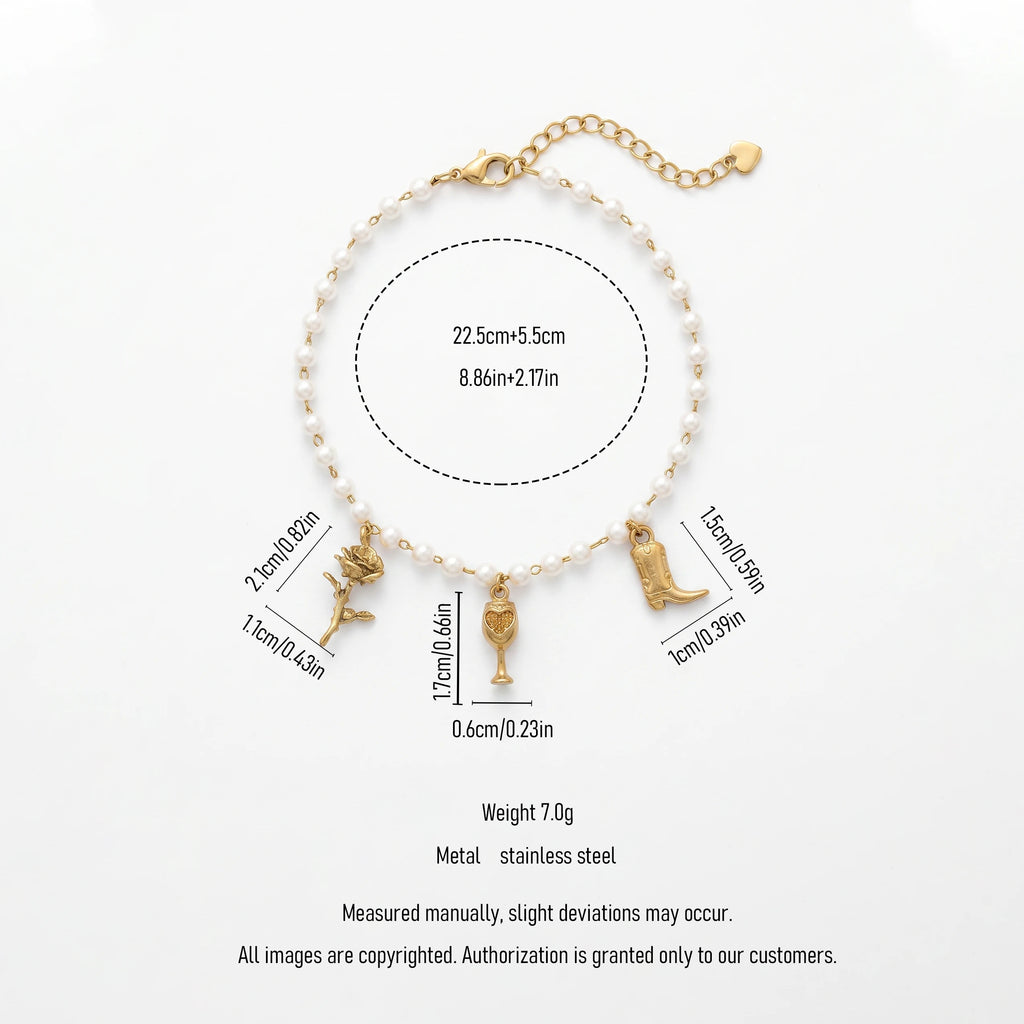 QIAOREN 13317 Delicate Pearl Anklet with Rose, Wine Glass & Boot Charms, Western Retro Foot Jewelry Gift for Daily Wear