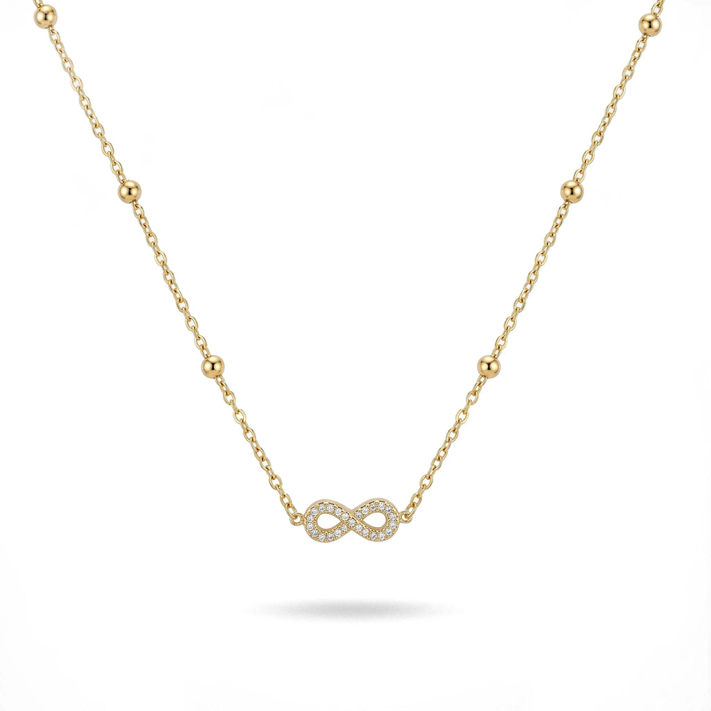 QIAOREN 13987 Beaded Cable Chain Infinity Symbol Pendant Necklace with Paved Clear CZ Inlay, Polished Gold Eternal Love Collar