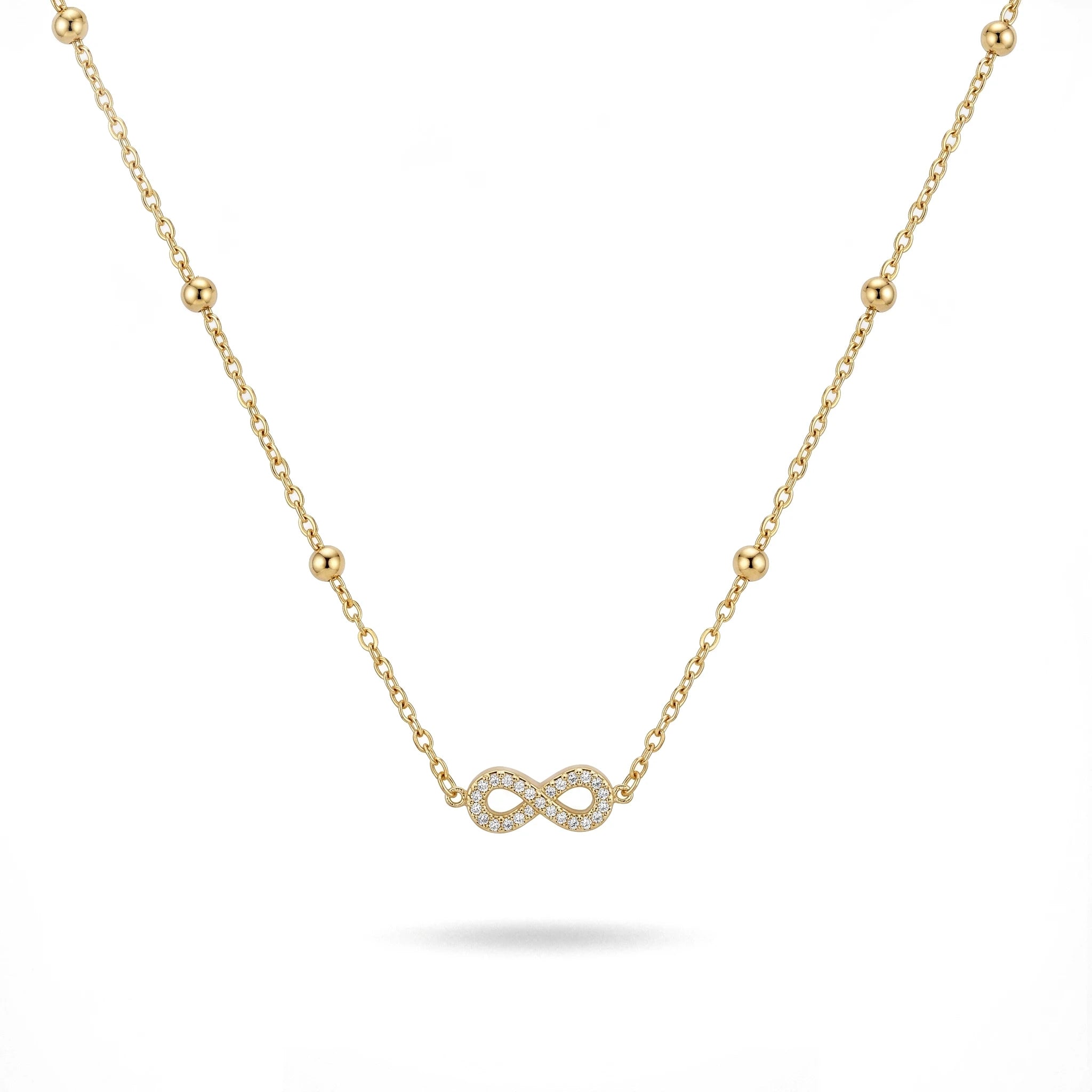 QIAOREN 13987 Beaded Cable Chain Infinity Symbol Pendant Necklace with Paved Clear CZ Inlay, Polished Gold Eternal Love Collar