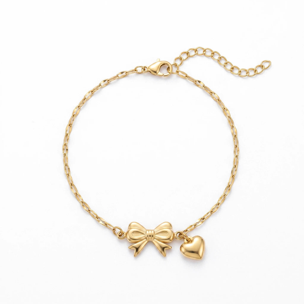 QIAOREN 11420 Waterproof 18K Gold Plated Bow & Heart Bracelet Stainless Steel Summer Beach Pool Jewelry