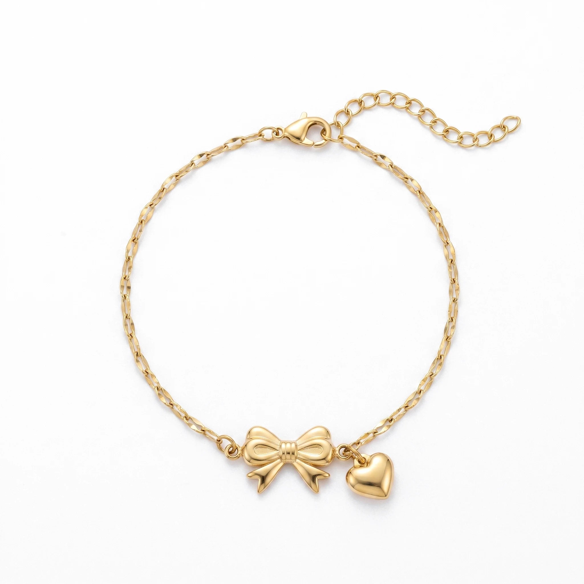 QIAOREN 11420 Waterproof 18K Gold Plated Bow & Heart Bracelet Stainless Steel Summer Beach Pool Jewelry