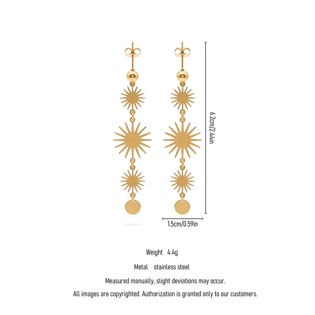 QIAOREN 11791 Trendy Boho Celestial Sunburst Long Dangle Earrings Stainless Steel 18K Gold Plated Jewelry for Women US EU
