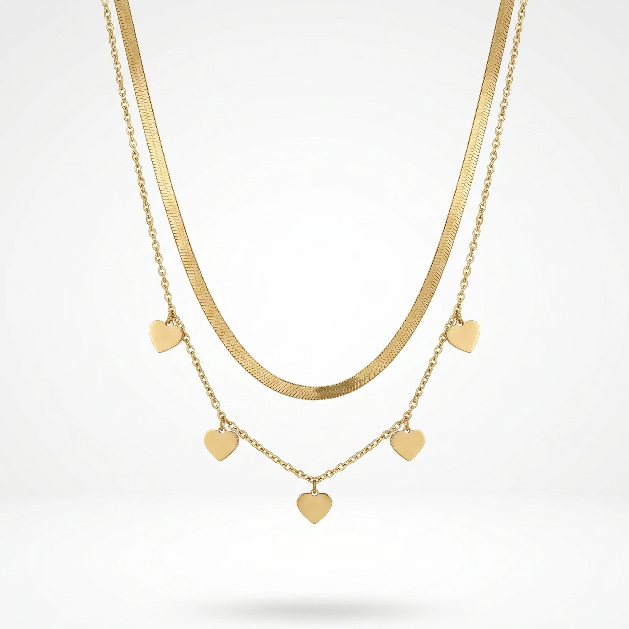QIAOREN 11645 Stainless Steel Gold Double Layer Necklace Herringbone Chain Tiny Heart Charms Adjustable Women Jewelry Gift