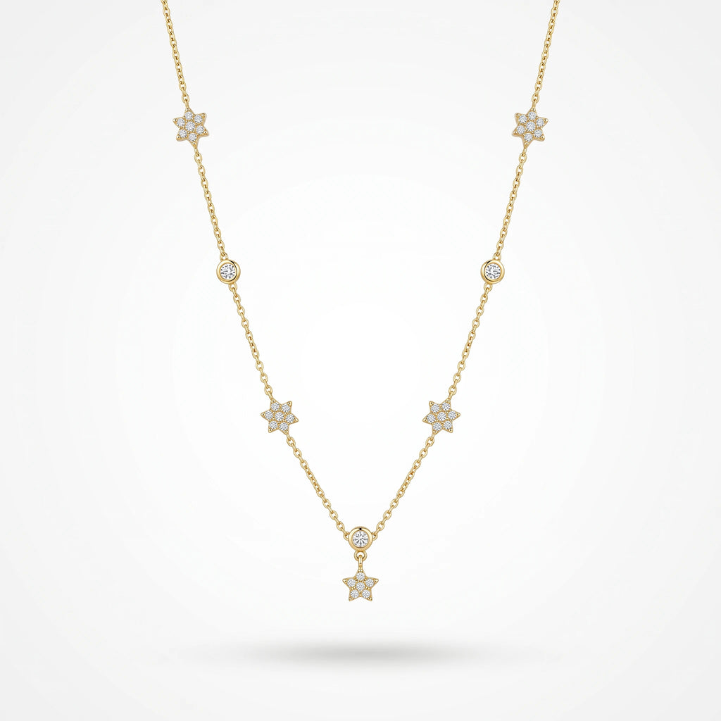 QIAOREN 13511 Shiny Star Crystal Station Necklace with Multi Size Six-pointed Star & Round Zircon Charms Necklace