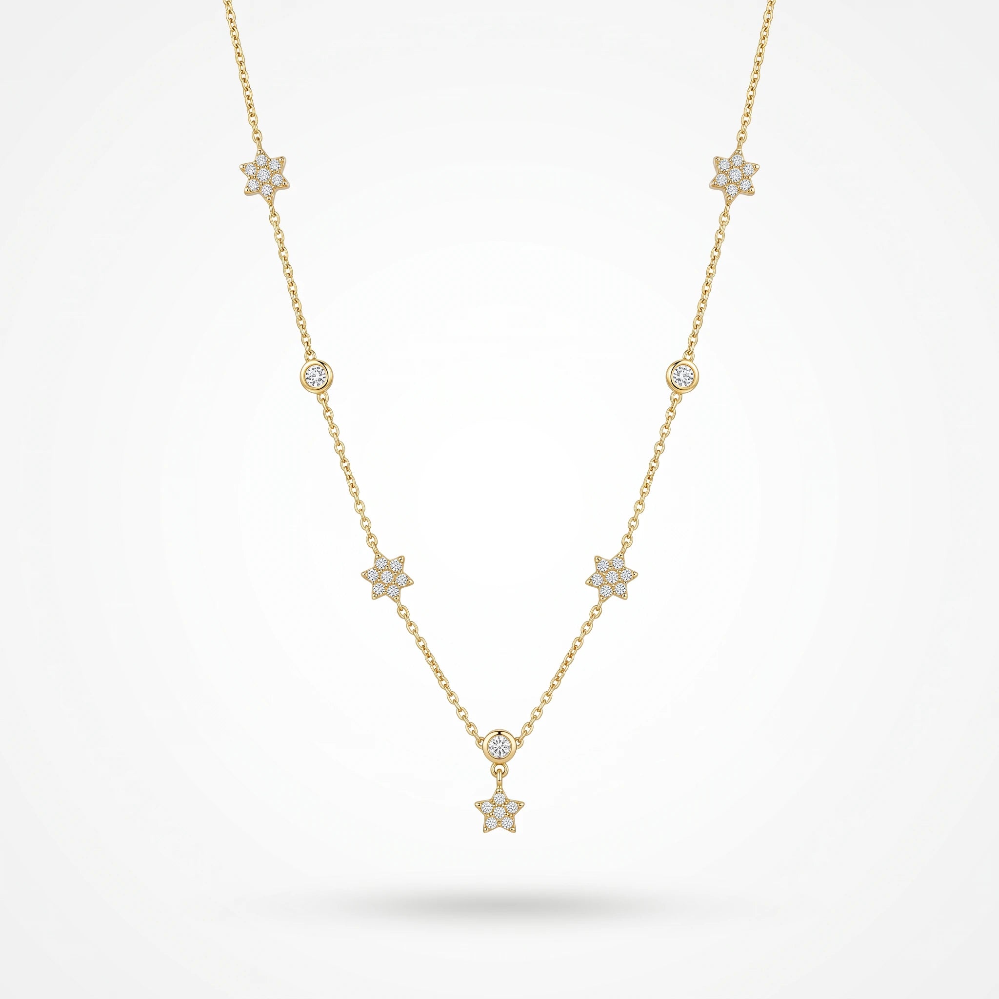 QIAOREN 13511 Shiny Star Crystal Station Necklace with Multi Size Six-pointed Star & Round Zircon Charms Necklace