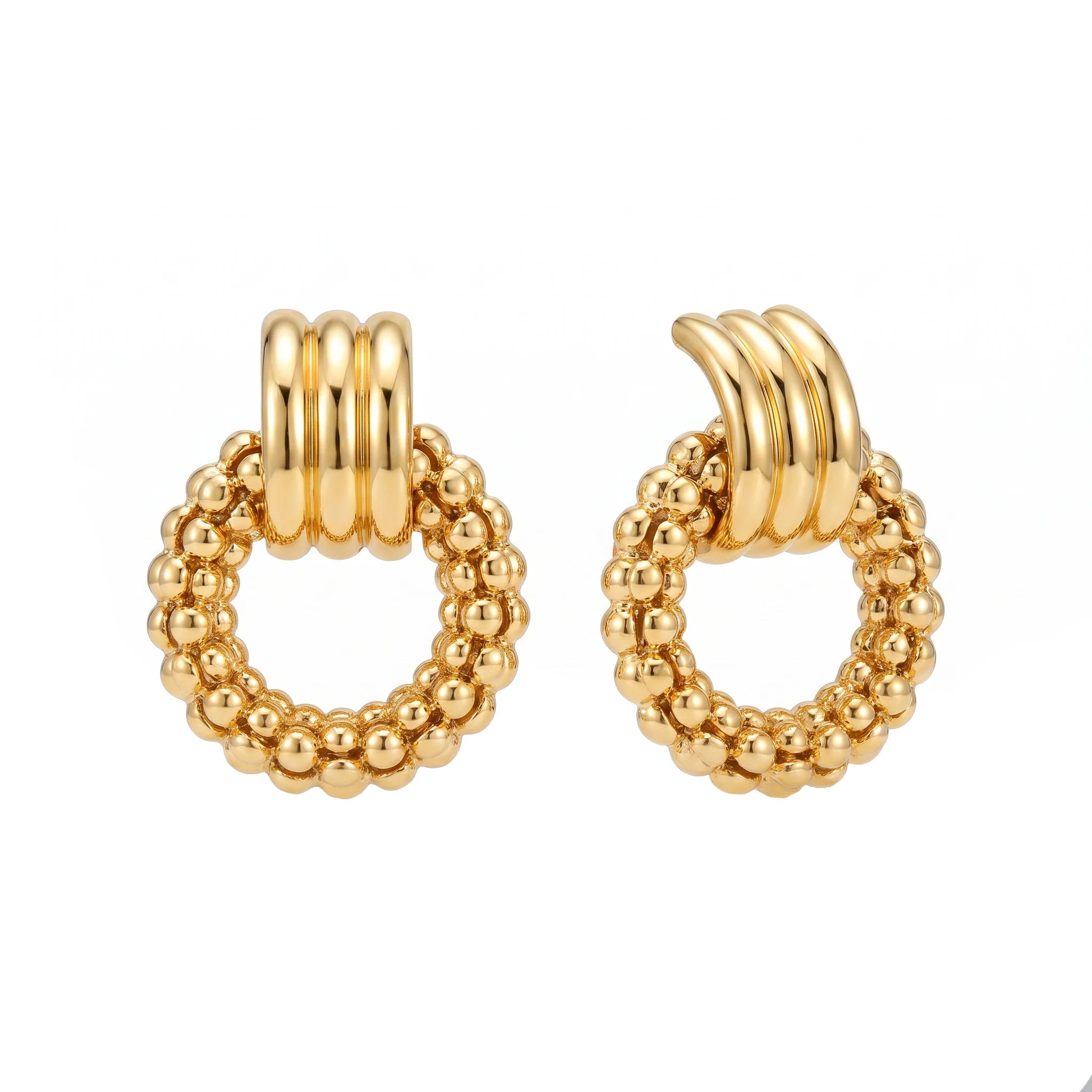 QIAOREN 14539 Ridged Buckle Beaded Ring Stud Earrings, Textured Circle & Grooved Polished Gold  Hypoallergenic Jewelry Gift