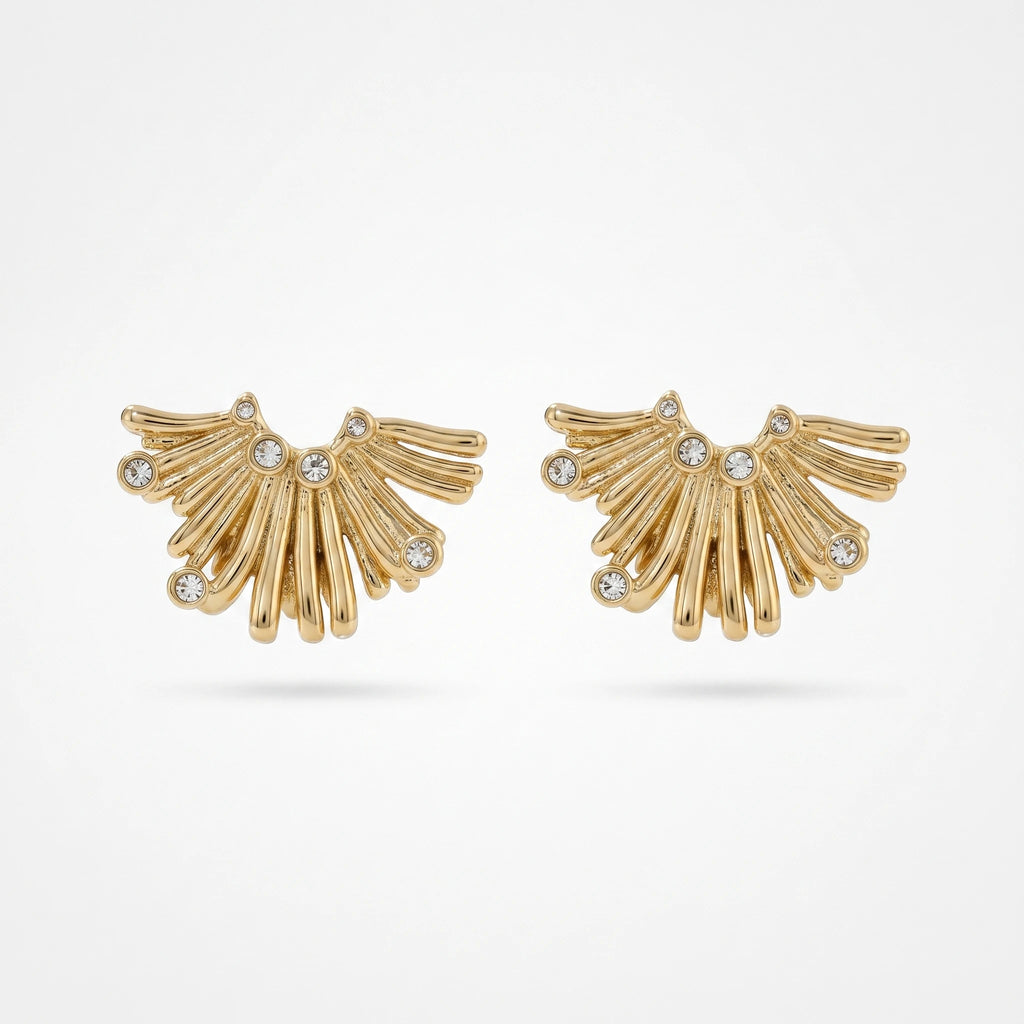 QIAOREN 12265  Waterproof Tarnish Free Sunburst Arch Earrings Gold Stainless Steel Dotted CZ Ribbed Fringe Studs Jewelry EU US