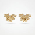 QIAOREN 12265  Waterproof Tarnish Free Sunburst Arch Earrings Gold Stainless Steel Dotted CZ Ribbed Fringe Studs Jewelry EU US