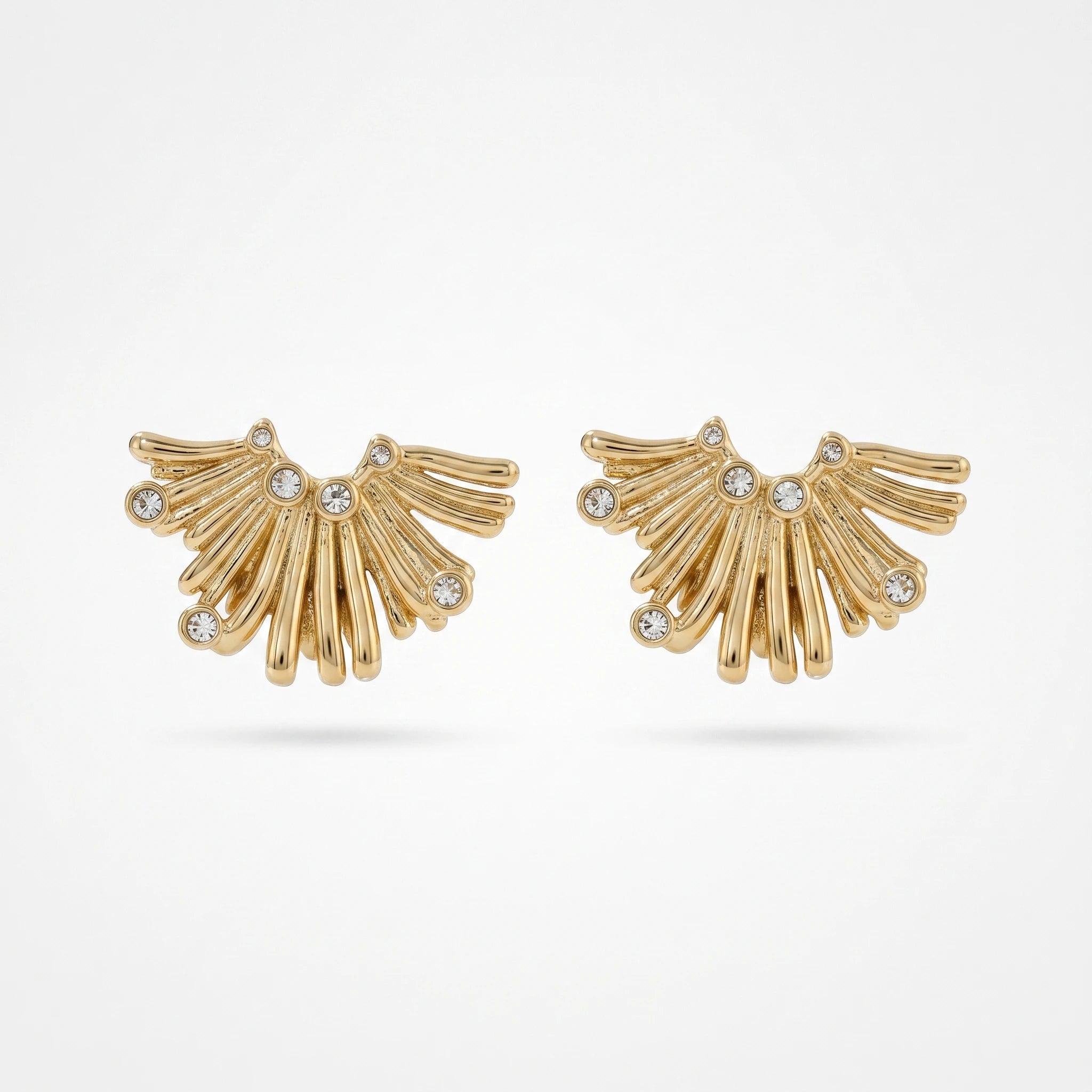 QIAOREN 12265  Waterproof Tarnish Free Sunburst Arch Earrings Gold Stainless Steel Dotted CZ Ribbed Fringe Studs Jewelry EU US