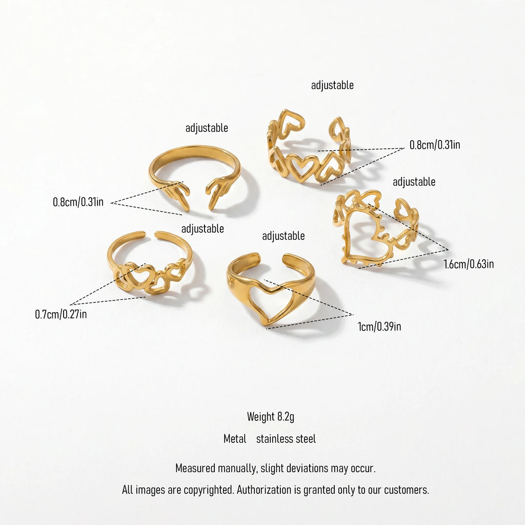 QIAOREN 13066-70 5Pcs 18K Gold Plated Stainless Steel Heart Open Ring Set, Adjustable Stackable Hollow Love Finger Rings