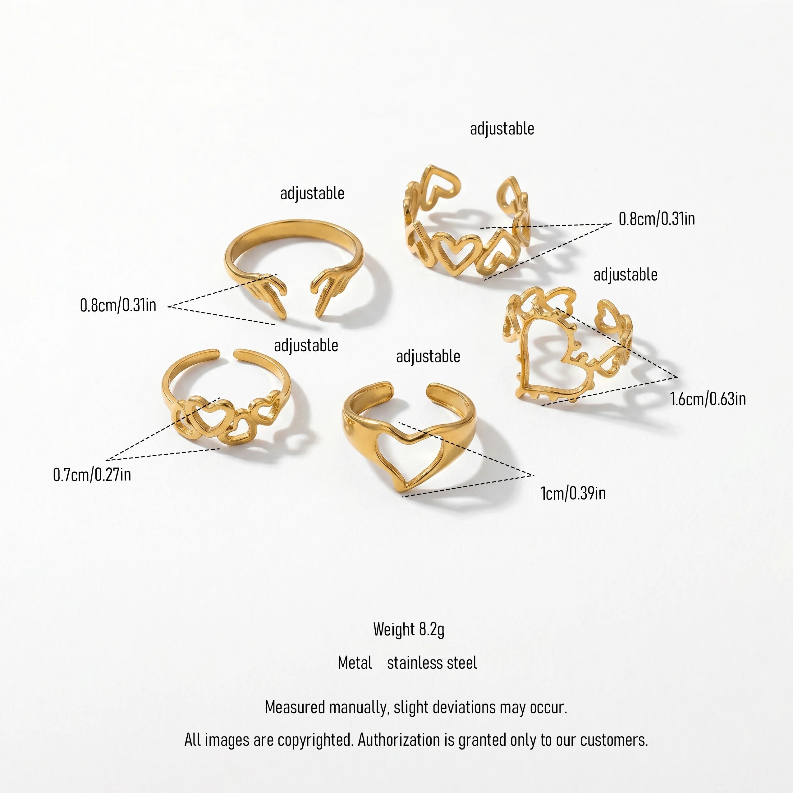 QIAOREN 13066-70 5Pcs 18K Gold Plated Stainless Steel Heart Open Ring Set, Adjustable Stackable Hollow Love Finger Rings