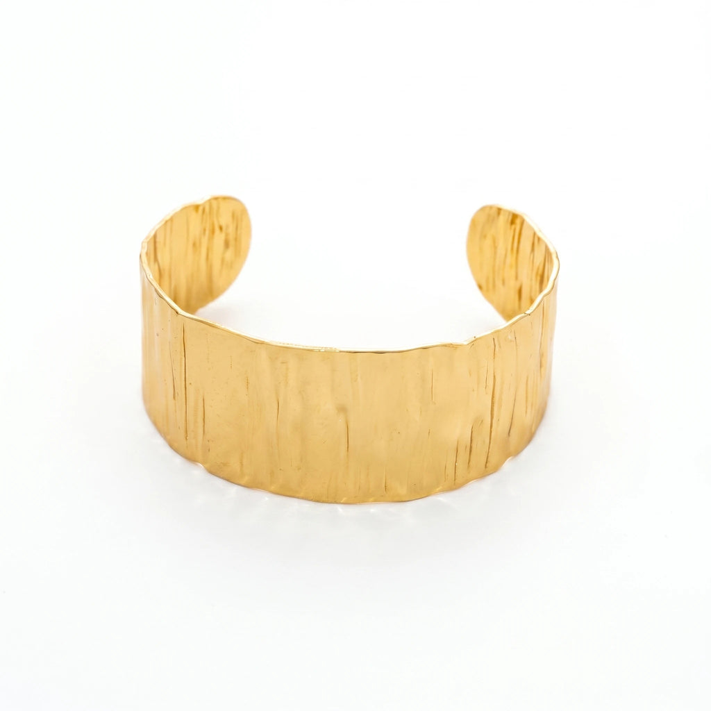 QIAOREN 12675 18K Gold  Bark Texture Wide Open Cuff Bracelet Stainless Steel Hand Hammered Streaky Adjustable Stackable Jewelry