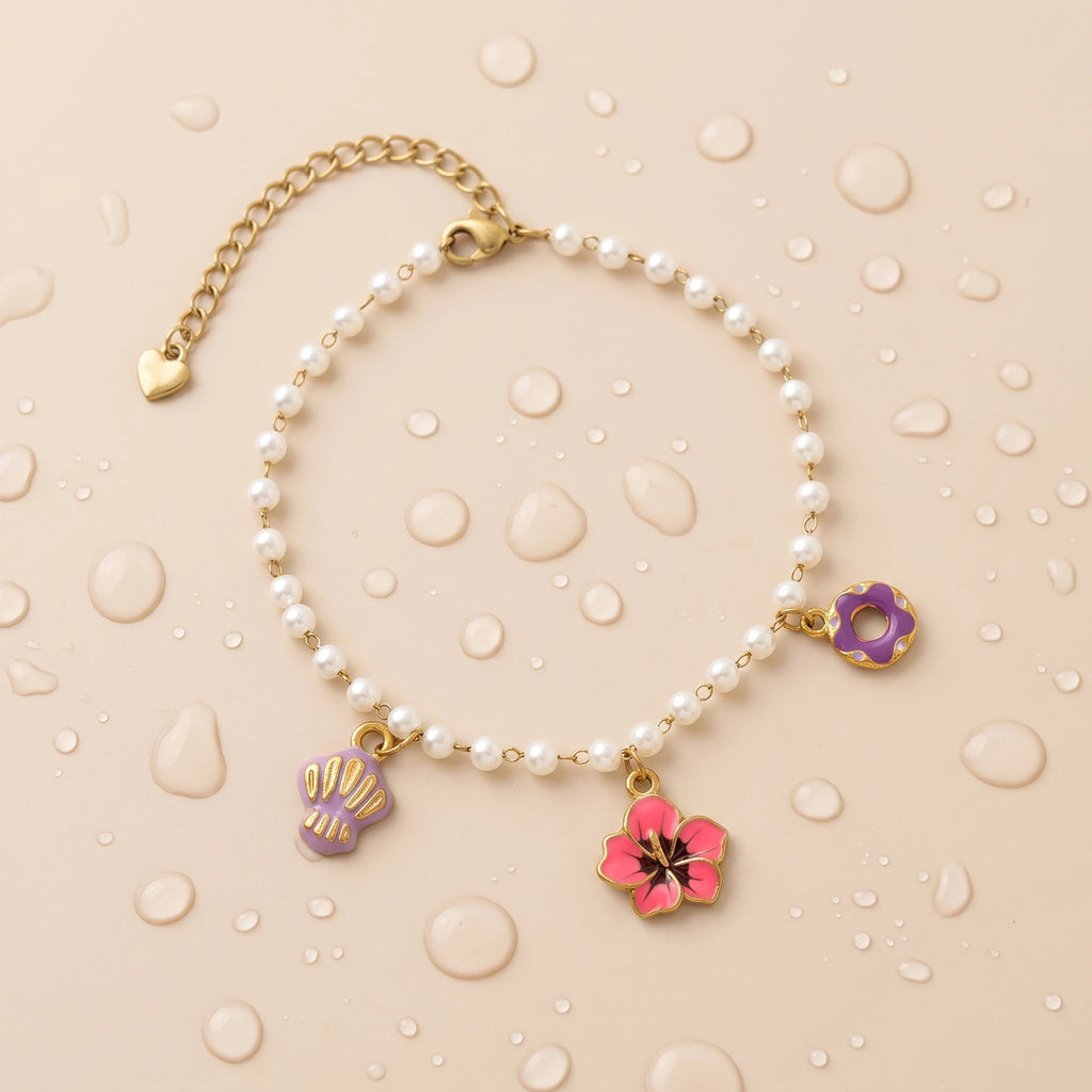 QIAOREN 13309 Pearl Beaded Anklet Gold Stainless Steel Enamel Flower Shell Donut Charms Extender Dainty Summer Jewelry Gift