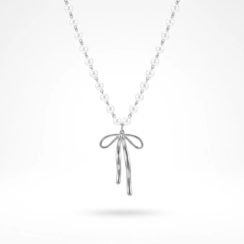 QIAOREN 11963 Wholesale 18K Gold Plated Stainless Steel Necklace Elegant Long Tail Bowknot Pendant Imitation Pearl