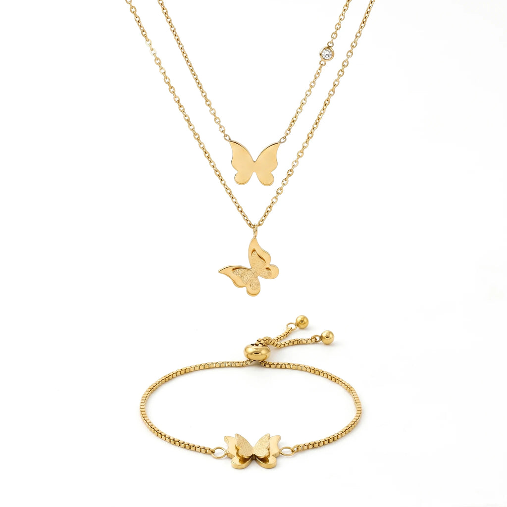 QIAOREN 11683 Tarnish Free 18K Gold Stainless Steel Trendy Quartz Butterfly Jewelry Set Layered Necklace Adjustable Bracelet