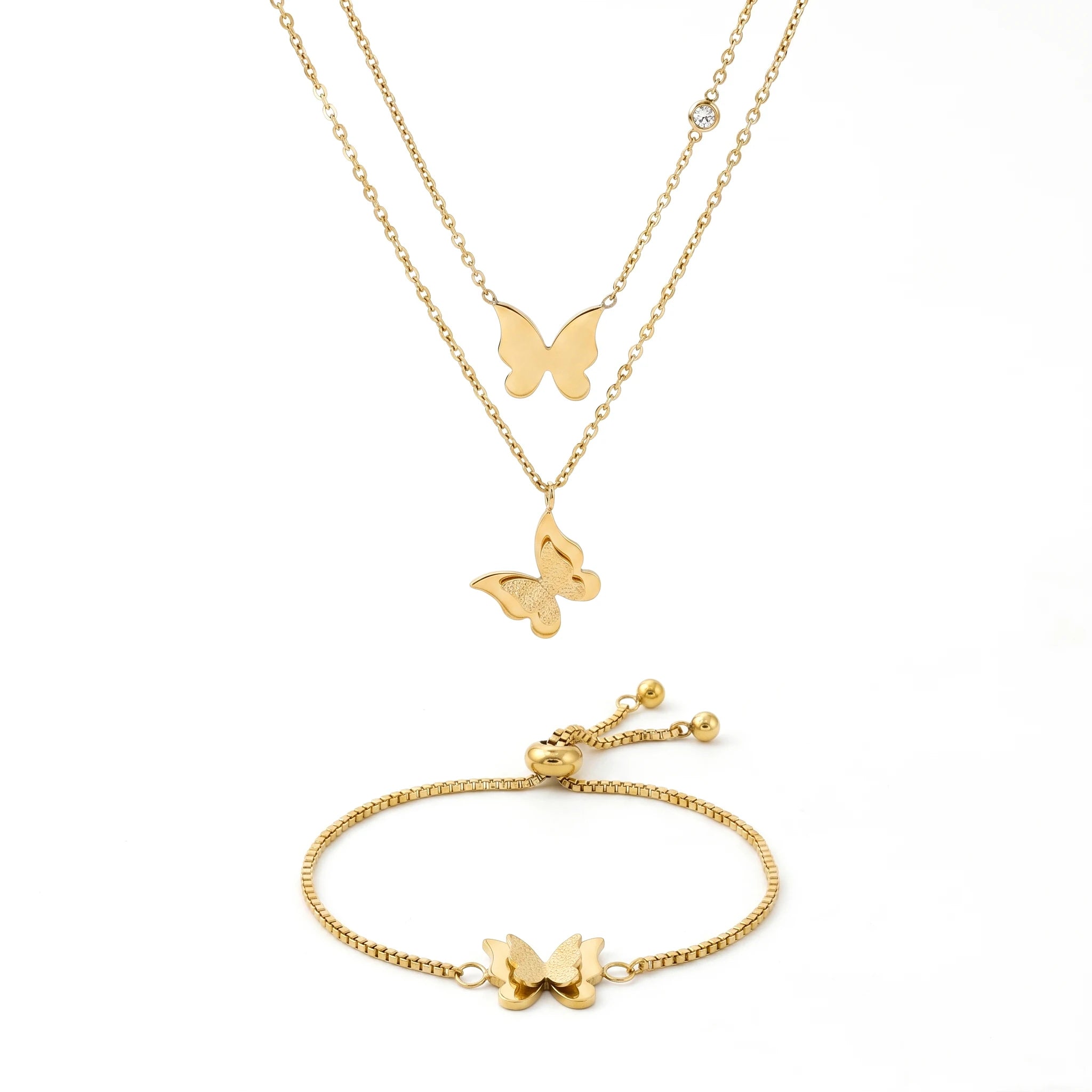 QIAOREN 11683 Tarnish Free 18K Gold Stainless Steel Trendy Quartz Butterfly Jewelry Set Layered Necklace Adjustable Bracelet