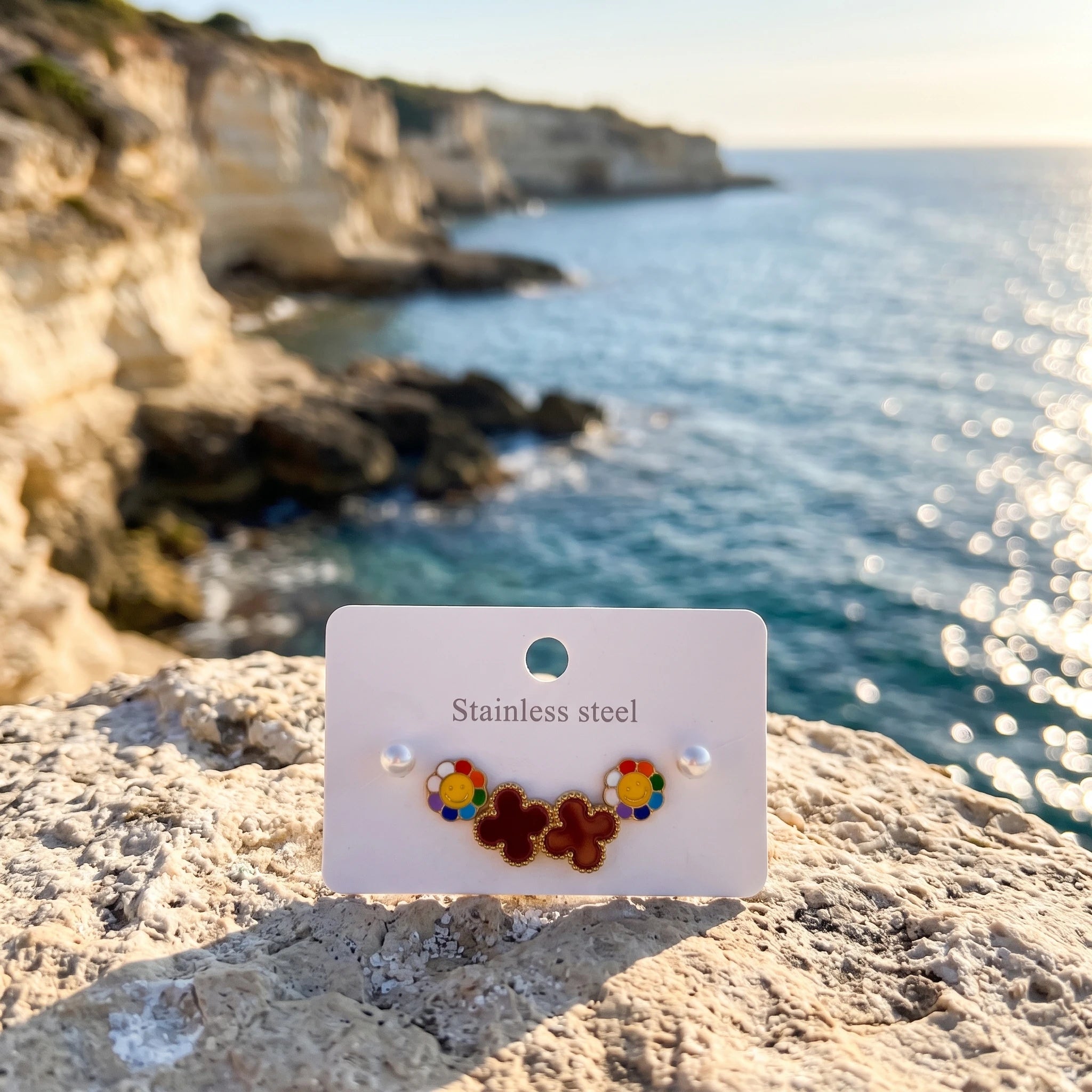 QIAOREN 14507 Stainless Steel Rainbow Smiley Flower Burgundy Clover Pearl Tiny Studs Multi Pack Cute Jewelry Gift