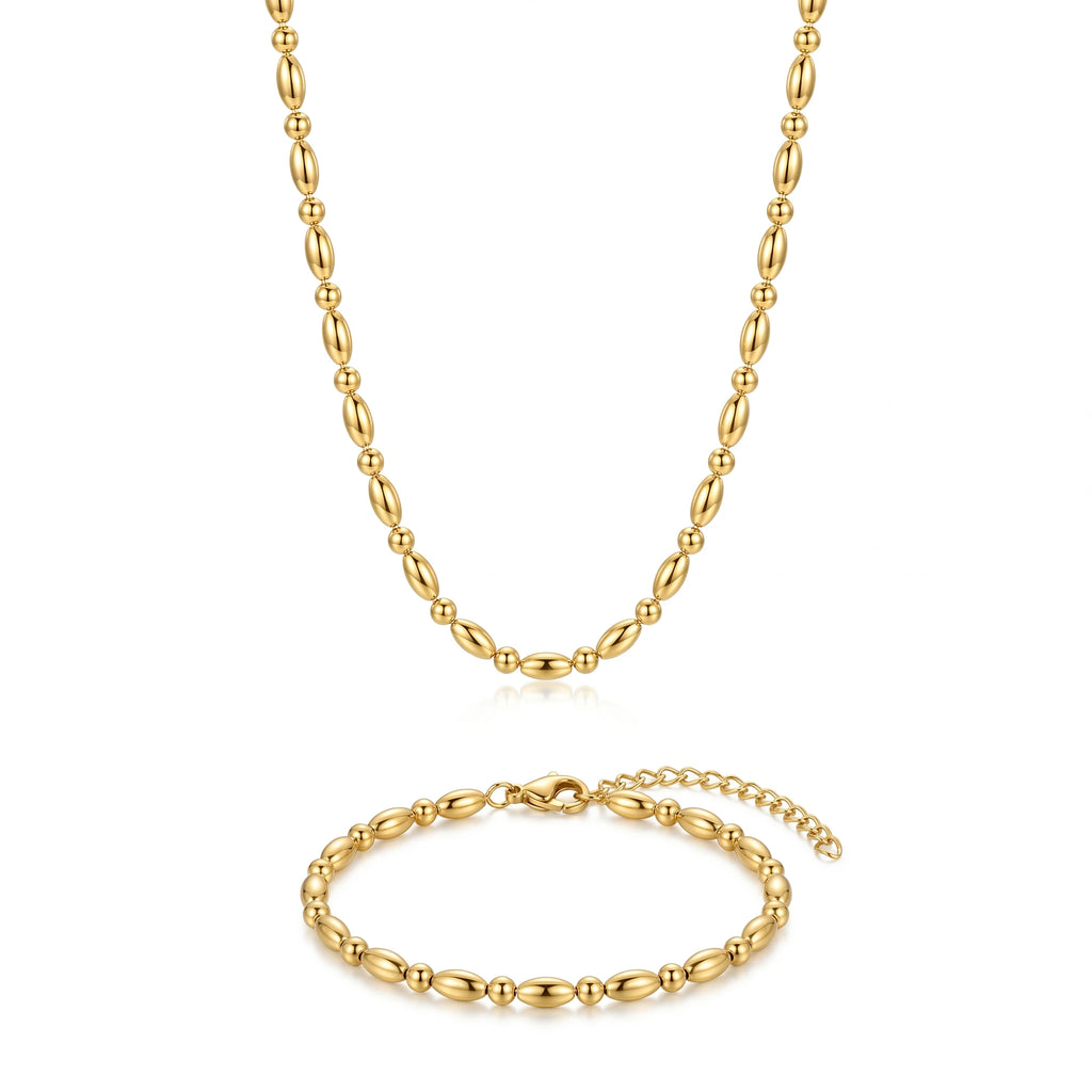 QIAOREN 11632 Waterproof 18K Gold Plated Stainless Steel Rice Bead Jewelry Set Necklace Bracelet Daily Wear