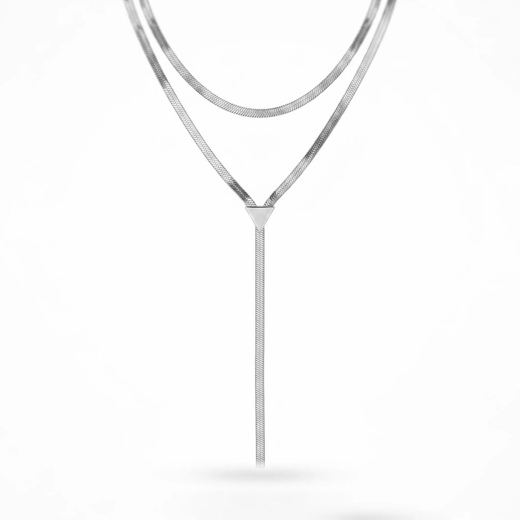 QIAOREN 12872 18K Gold Plated Layered Herringbone Y Necklace, Waterproof Tarnish Free Stainless Steel Snake Chain Lariat Jewelry